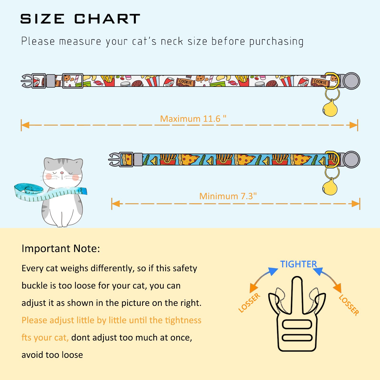 Faygarsle 2 Pack Breakaway Cat Collar With Bells For Female Malel Cats Cute Blue White Collar With Pizza Fries Charm For Cats