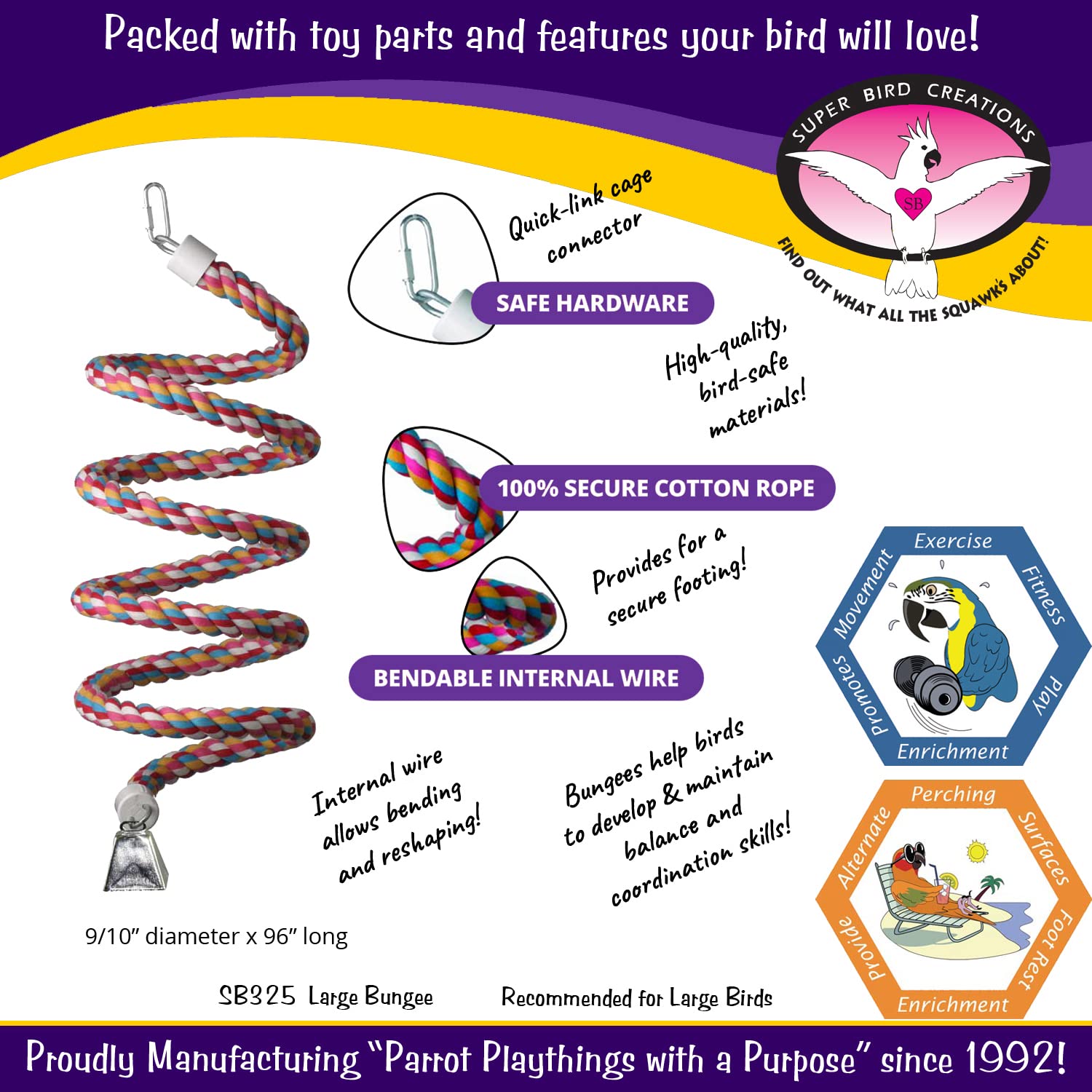 Super Bird Creations Sb325 Large Bungee Bird Toy - Rope Perch For African Greys, Parrots, Small Cockatoos, Amazons - Colorful Ha