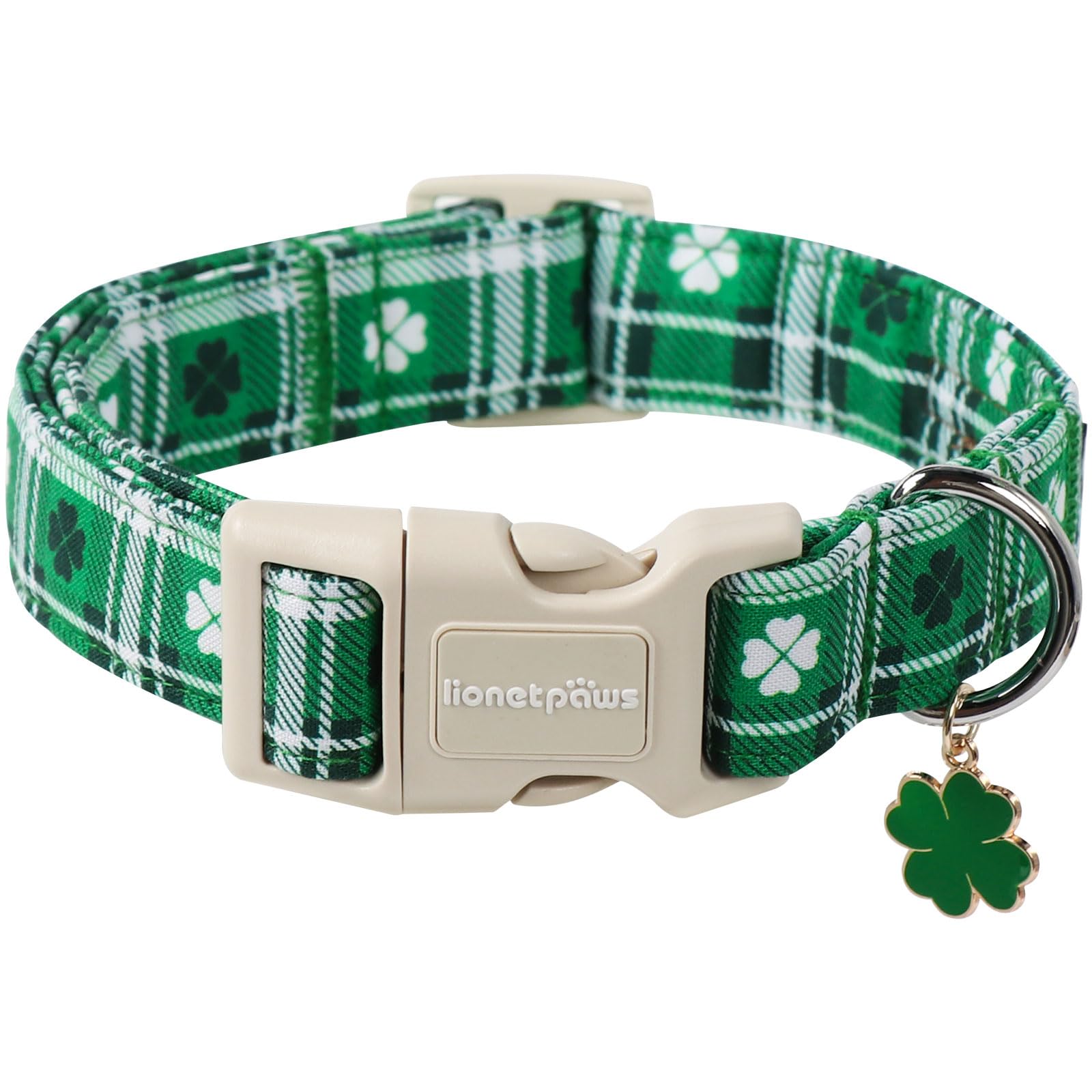 Lionet Paws St. Patrick Dog Collar, Comfortable Adjustable Green Collar With Green Grid Pattern For X-Small Male Female Puppies 