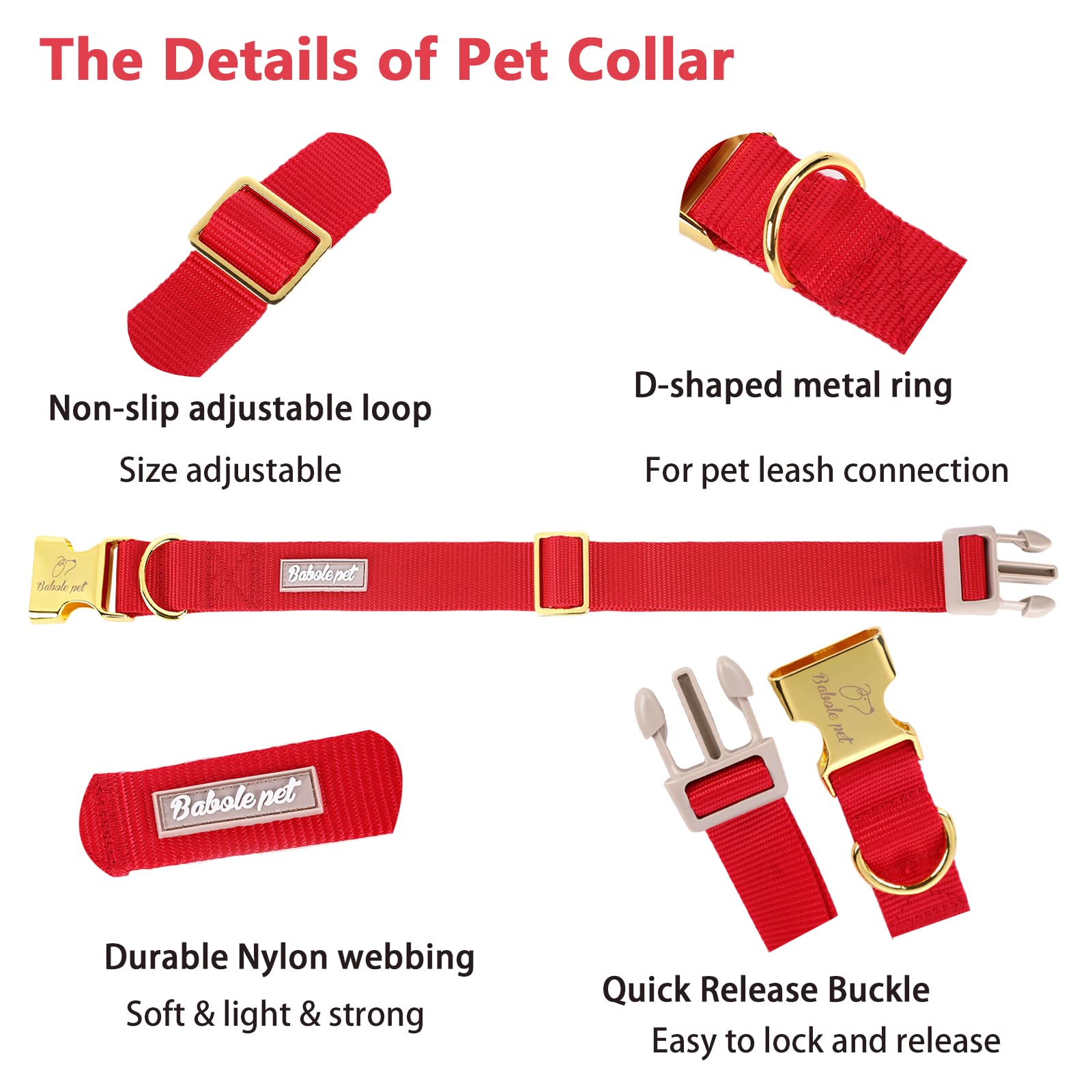 Babole Pet Nylon Dog Collar - Adjustable Burgundy Red Soft Webbing Dog Collars For Small Medium Large Dogs Boy Girl Puppy Collar