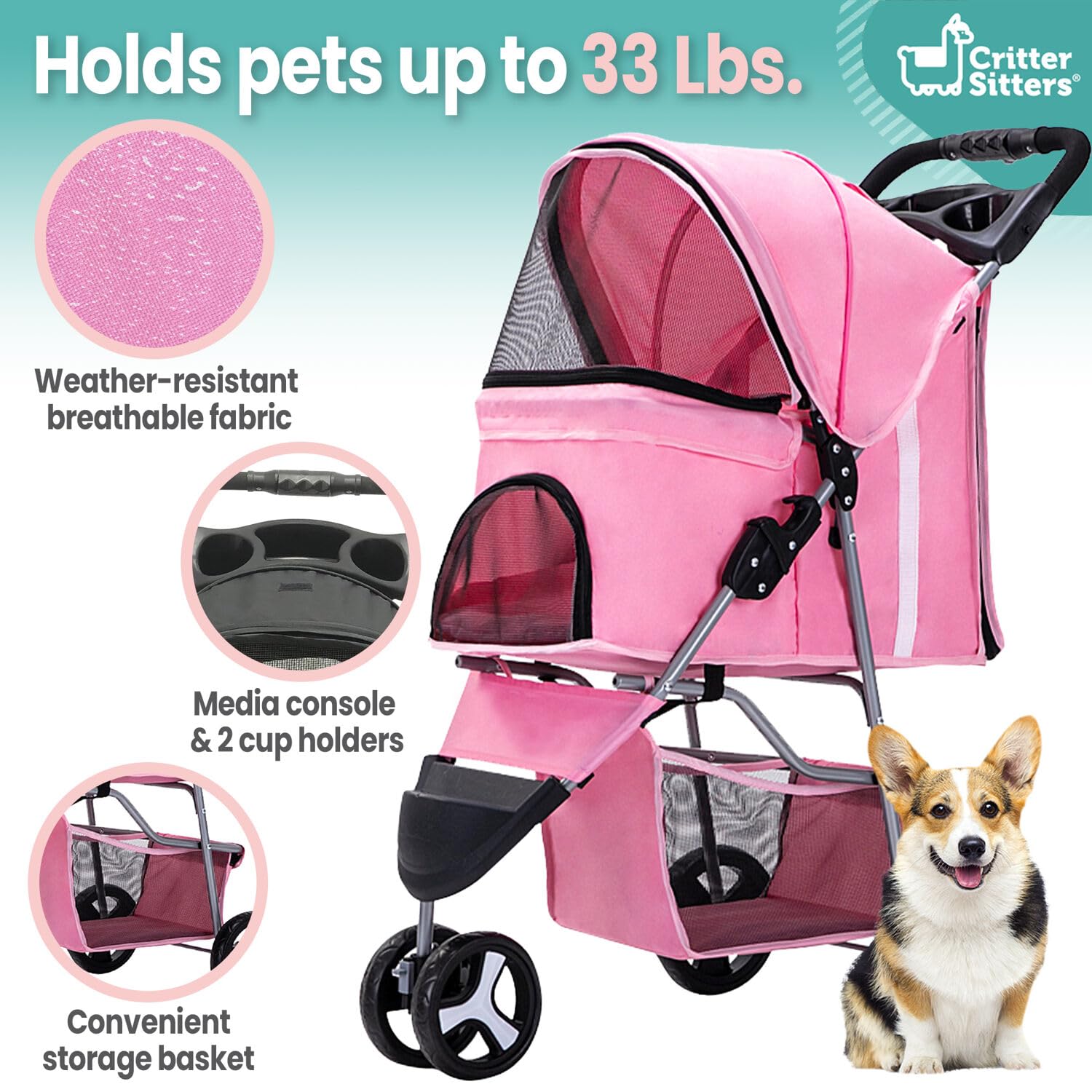 Critter Sitters 3-Wheel Jogging Pet Stroller With Storage Basket And Cup Holders, Modern And Stylish For Medium Sized Animals Up