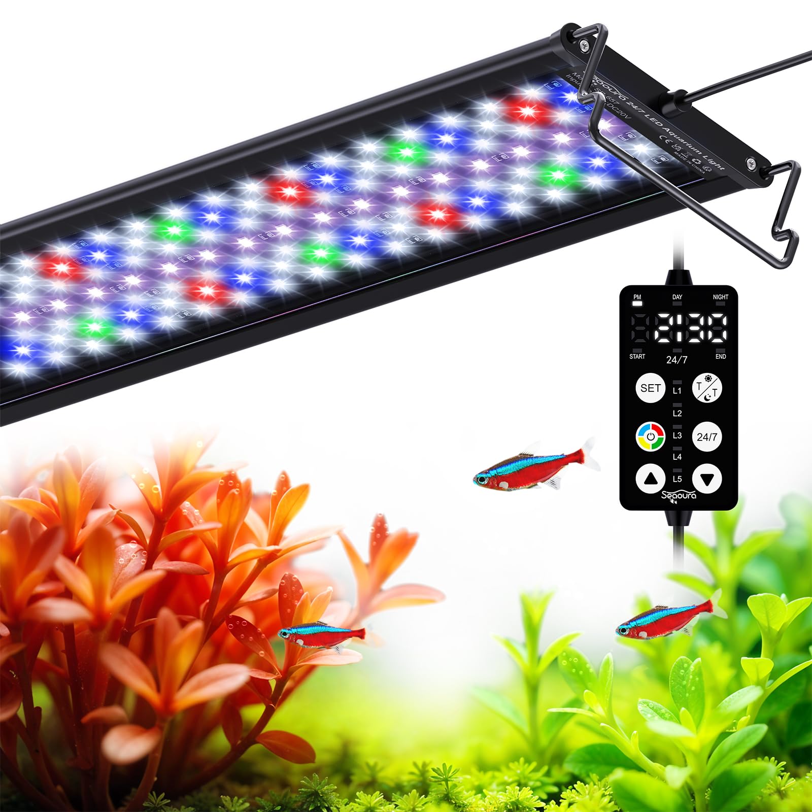 Aquarium Plant Light, 24/7 Programmable, Power-Off Memory, 7-Row LED 18-24in SEAOURA Full Spectrum Fish Tank Lights, 8 Colors, 2