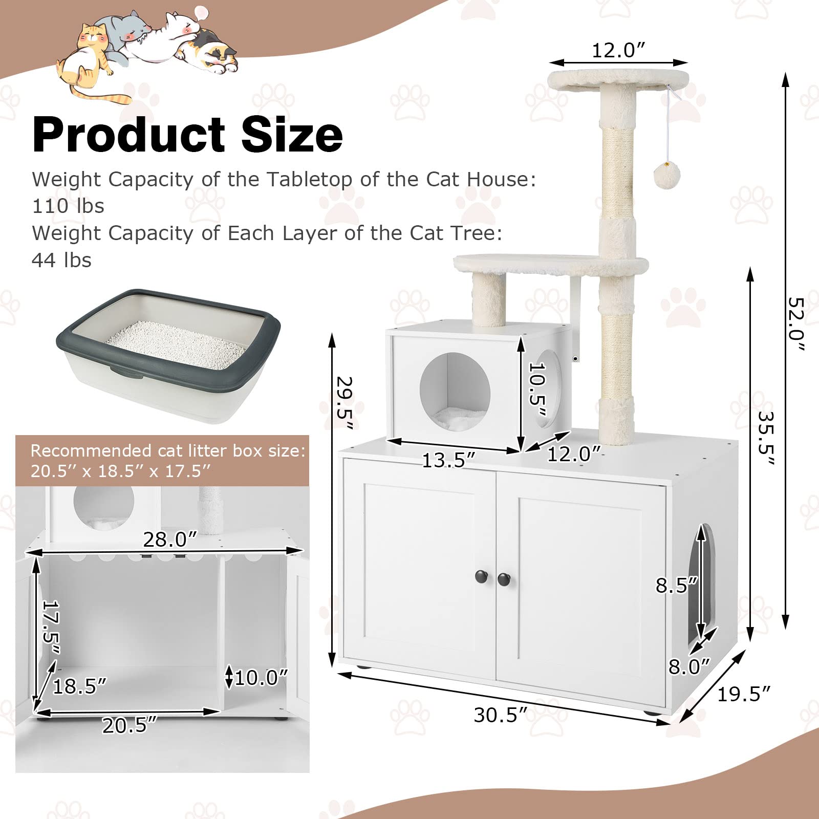 Tangkula 2-In-1 Litter Box Enclosure With Cat Tree Tower, Hidden Washroom With Condo, Plush Perch, Scratching Posts, Furniture W