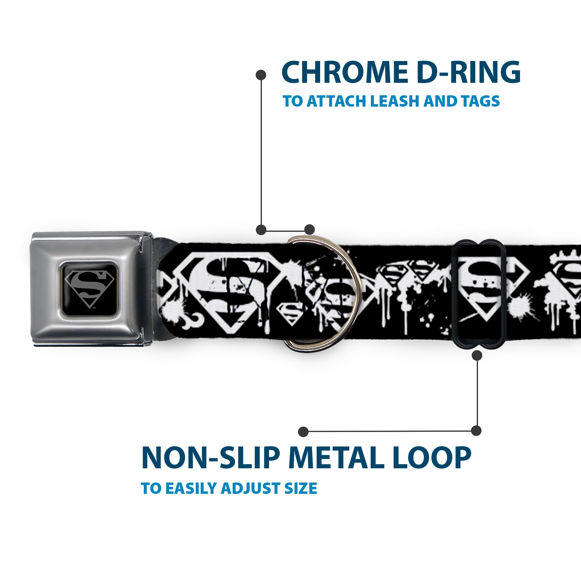 Buckle-Down Seatbelt Buckle Dog Collar - Superman Shield Splatter Black/White - 1.5' Wide - Fits 13-18' Neck - Small