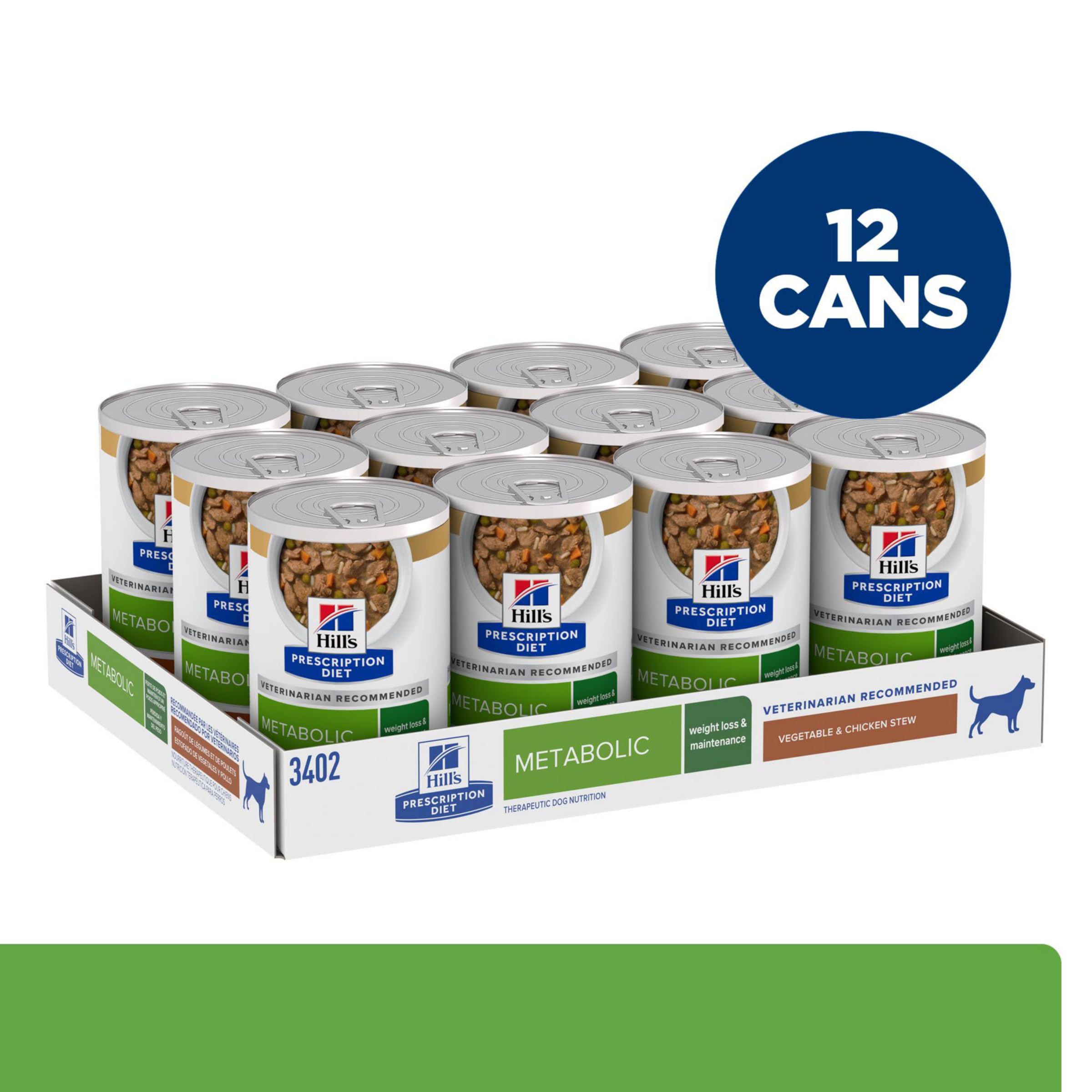 Hills Prescription Diet Metabolic Weight Management Vegetable & Chicken Stew Wet Dog Food, Veterinary Diet, 12.5 oz. Cans, 12-P