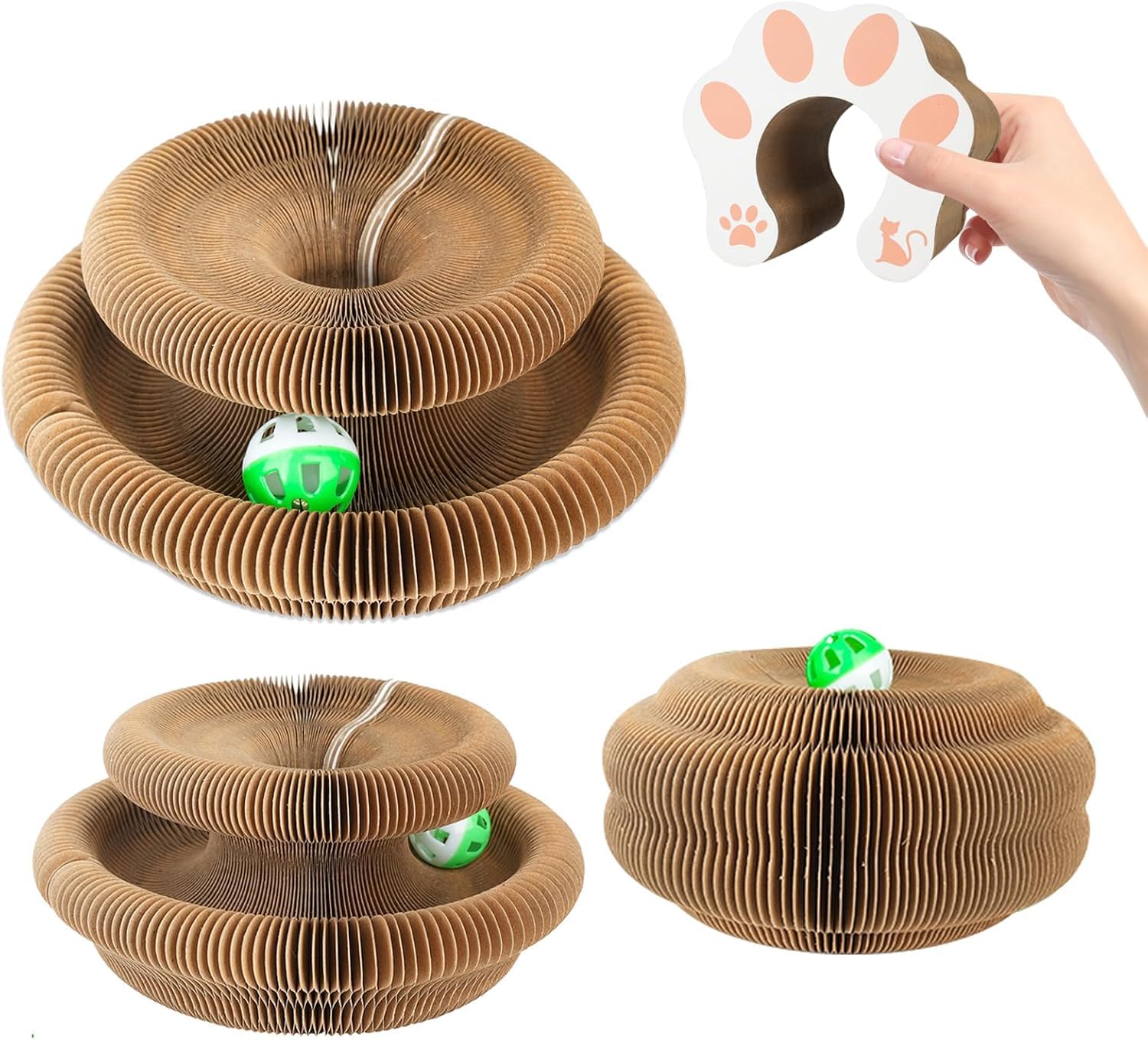 Goosheep Cat Scratching Board & Accordion Toy Combo - Cat Scratcher - Kitten Fun & Exercise - Brown, Round - 3Pk