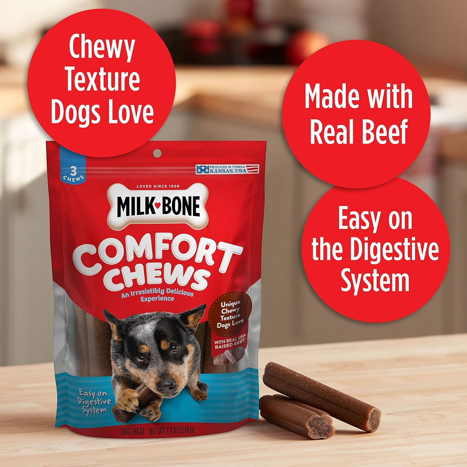 Milk-Bone Mini Comfort Chews, Rawhide Free Dog Treats with Unique Chewy Texture and Real Beef, 18 Mini Chews (Pack of 4)