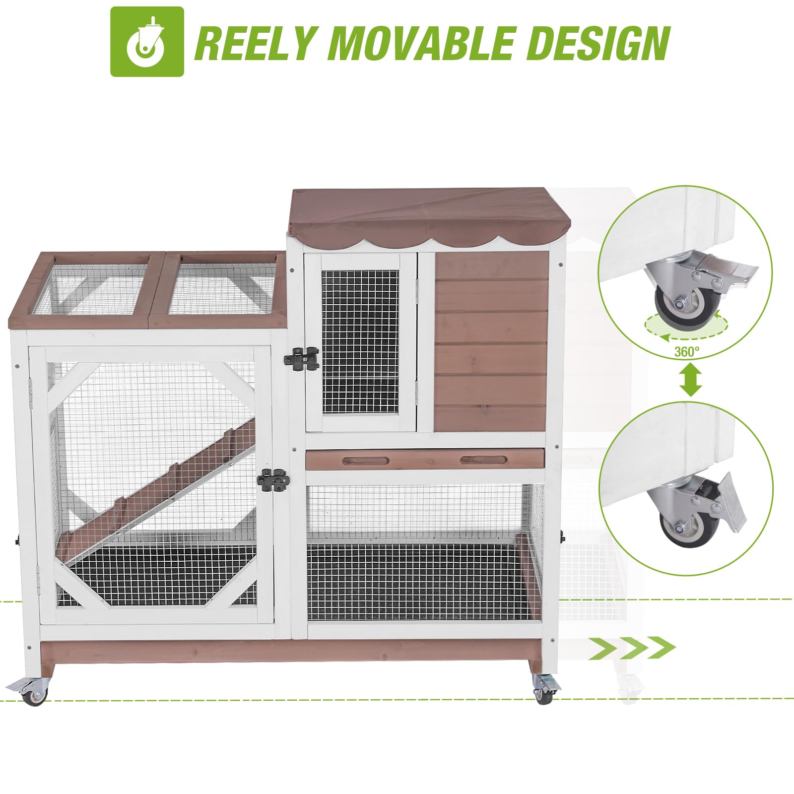 Gutinneen 2-Story Rabbit Hutch with Chew-Proof Ramp & Leak-Proof Trays - Indoor/Outdoor 39.3 '' Wooden Rabbit Cage with Wheels f