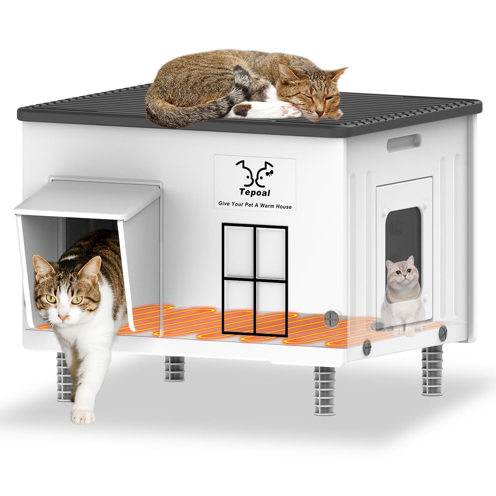 Dahivs Indestructible Heated Cat House for Outside Winter, Heated Outdoor Cat House Weatherproof with Escape Door, Waterproof &