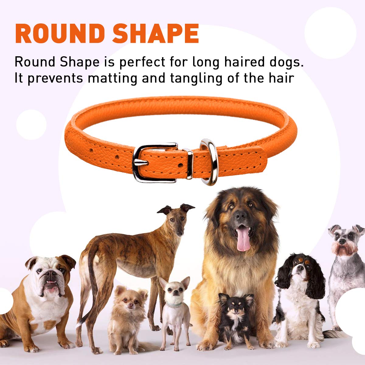 Dogline Rolled Leather Dog Collar - For Small, Medium And Large Breeds - Soft And Padded Round Luxury Design W3/8'' - L16-19, Or