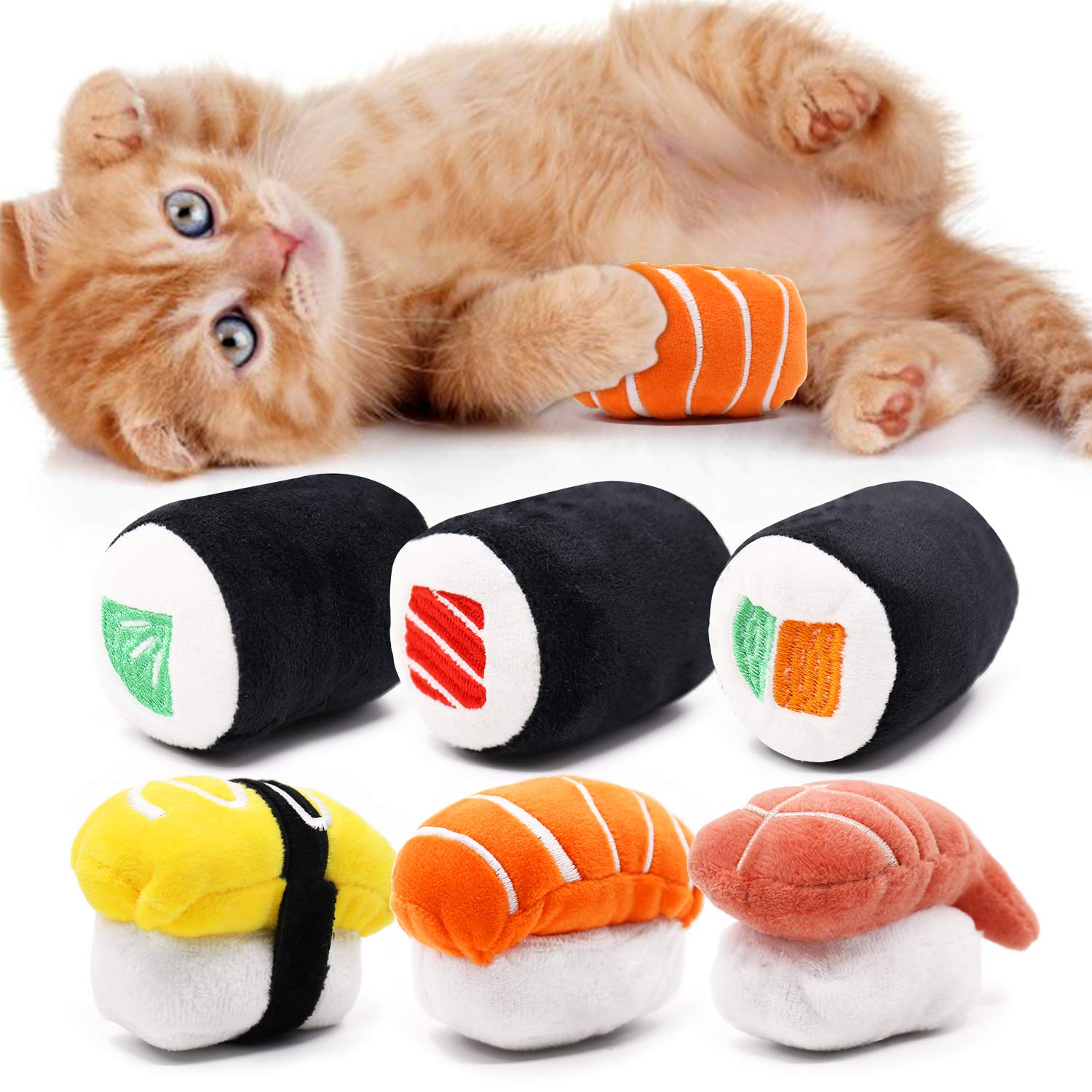 CiyvoLyeen 6 Pack Sushi Cat Toys with Catnip Sushi Roll Pillow Kitten Chew Bite Supplies Boredom Relief Fluffy Kitty Teeth Clean