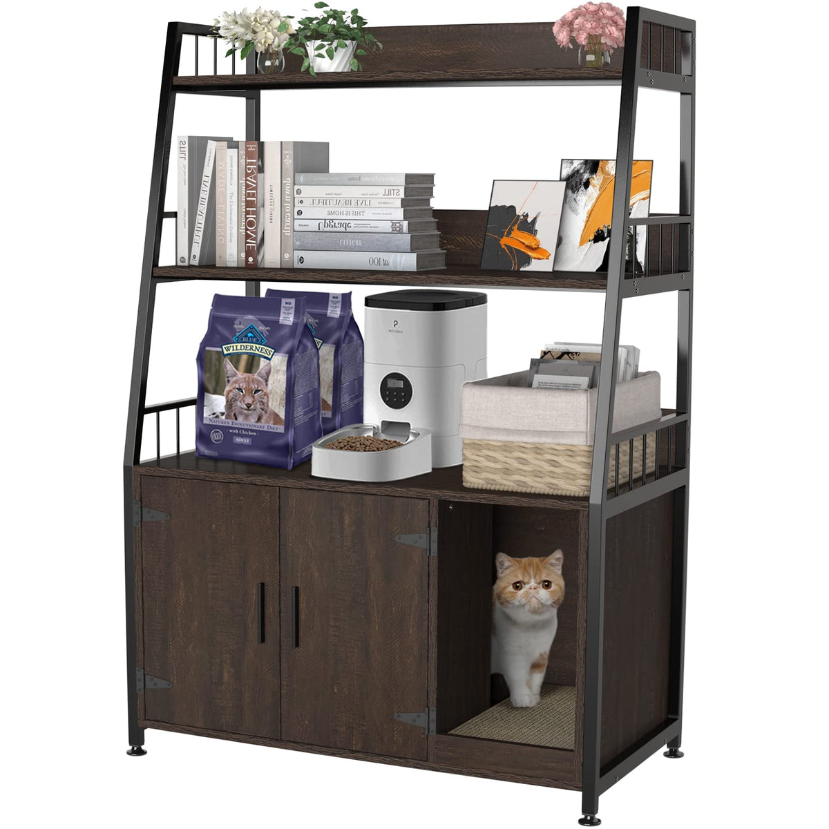 Gdlf Large Hidden Cat Litter Box Enclosure Furniture With Shelf Wood Sturdy Cat Washroom Storage With Scratch, Dark Brown