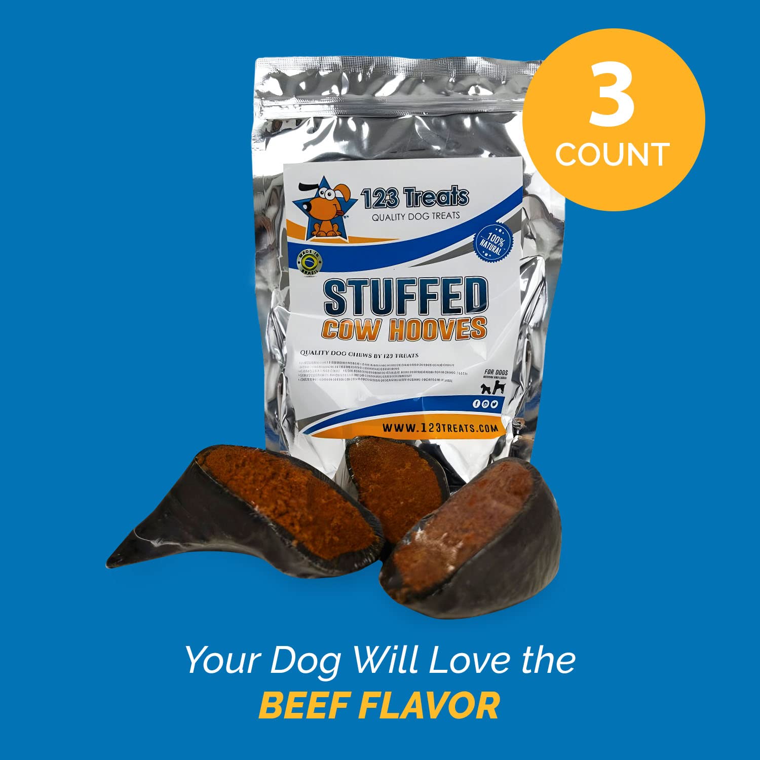 123 Treats Filled Cow Hooves for Dogs - Delicious Beef Flavor Dog Treats (10 Count), Long-Lasting Natural Dog Chews, Stuffed Bee