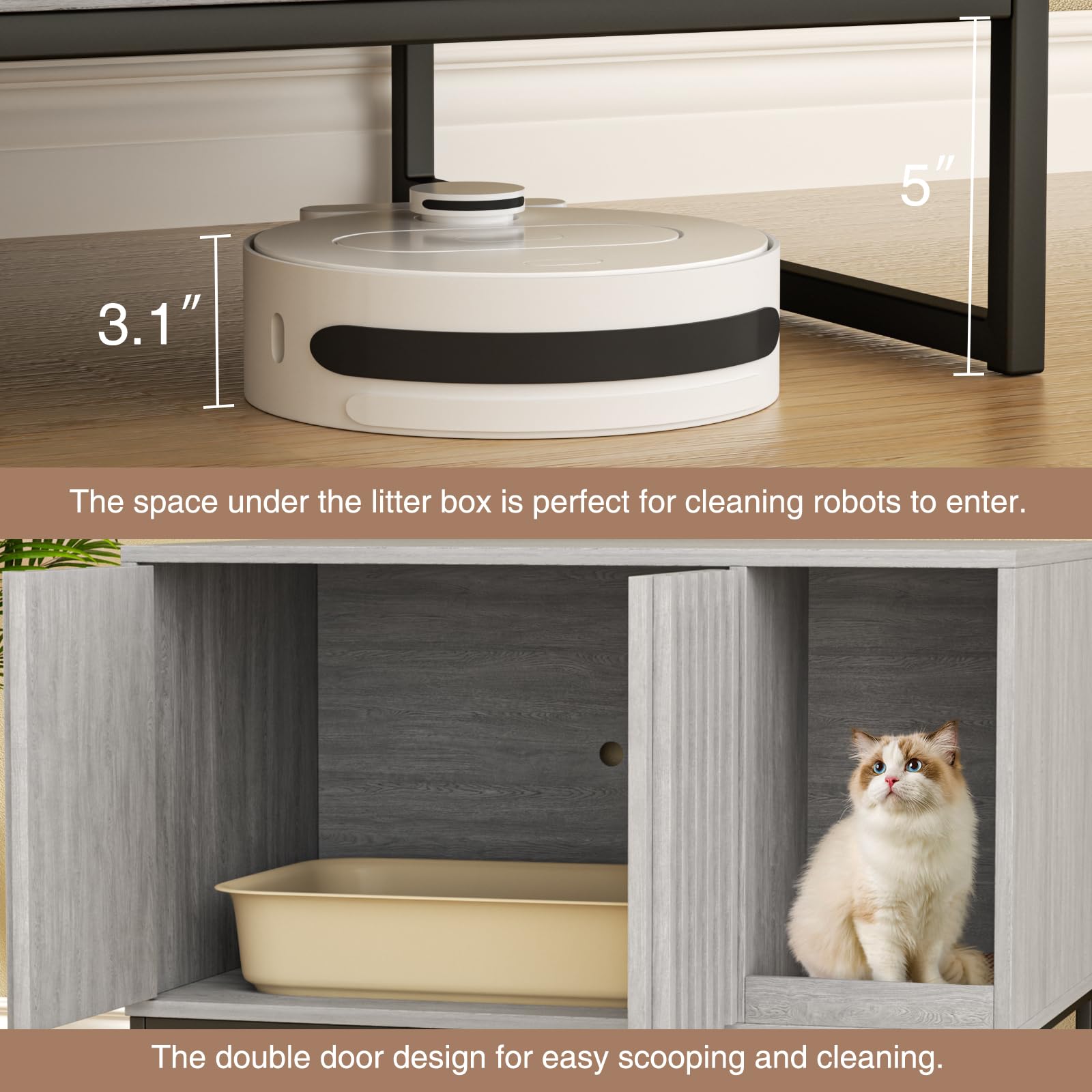 Halitaa Litter Box Enclosure, Modern Cat Litter Box Enclosure Furniture Hidden Litter Box With Cat Scratch Pad, Cat Washroom Cat