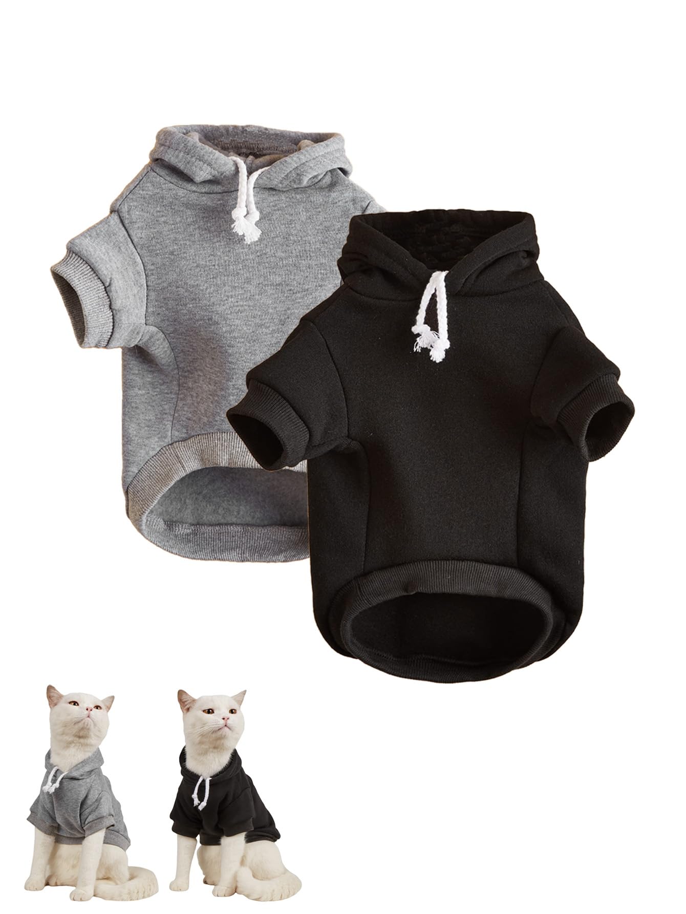 Qwinee 2Pcs Basic Dog Hoodie & Cat Apparel - Dog & Cat Jacket For Small To X-Small Puppies & Kittens - Black & Grey