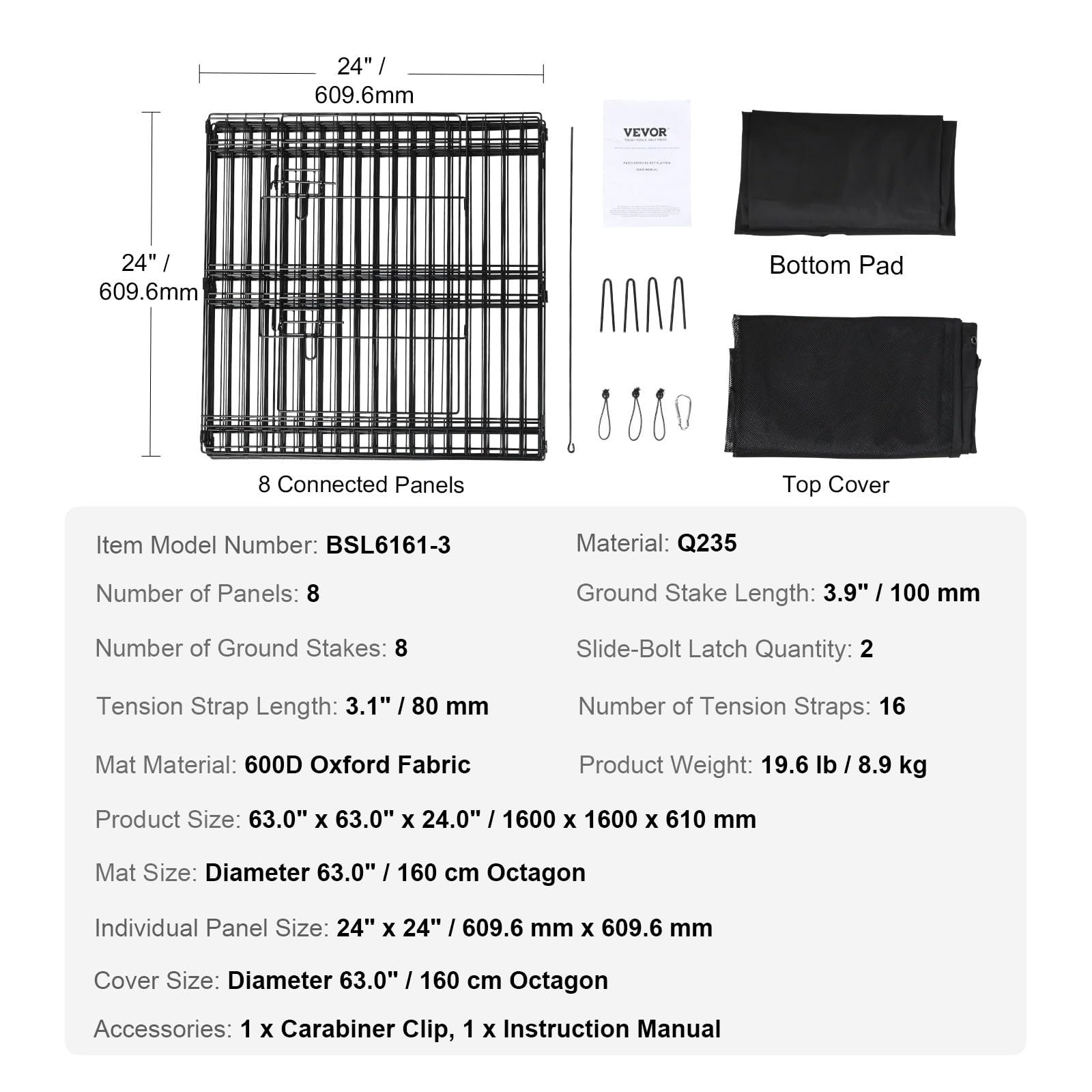 VEVOR Dog Playpen, 8 Panels Foldable Metal Dog Exercise Pen with Top Cover and Bottom Pad, 24 H Pet Fence Puppy Crate Kennel, In