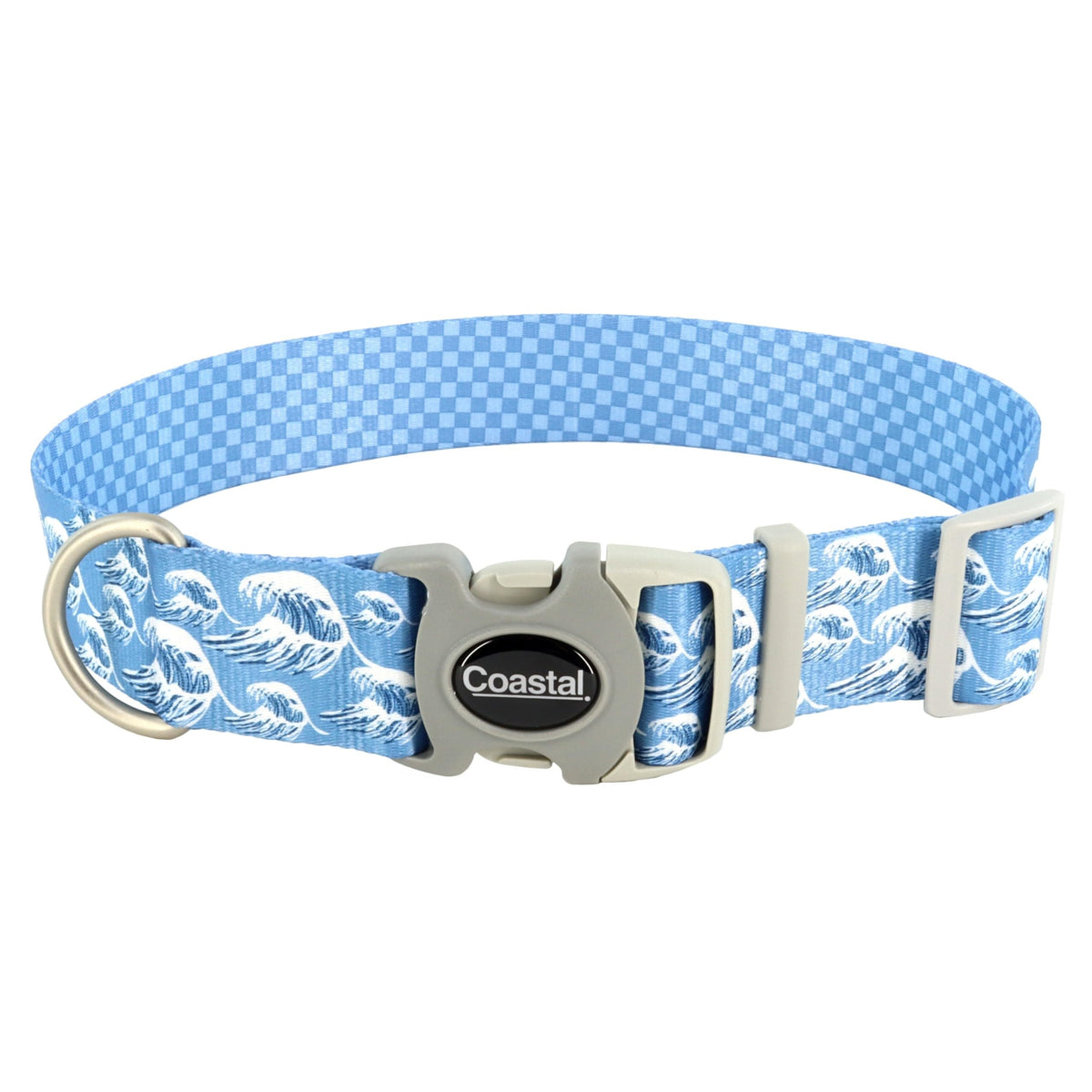 Coastal Pet Sublime Adjustable Dog Collar - Adjustable Plastic Buckle - Vibrant & Colorful Dog Collar With Fade-Resistant Patterns - Blue Waves With Blue Checkers, Medium - 1' X 12'-18'