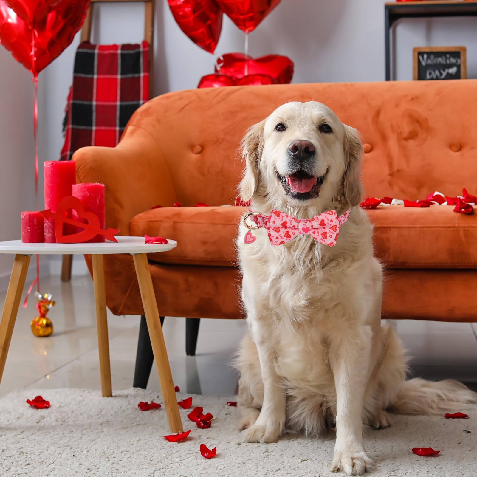 Ptdecor Valentine Dog Collar With Bowtie Adjustable Pink Love Heart Pet Collars Valentine Collars For Large Dogs Pets (Large)