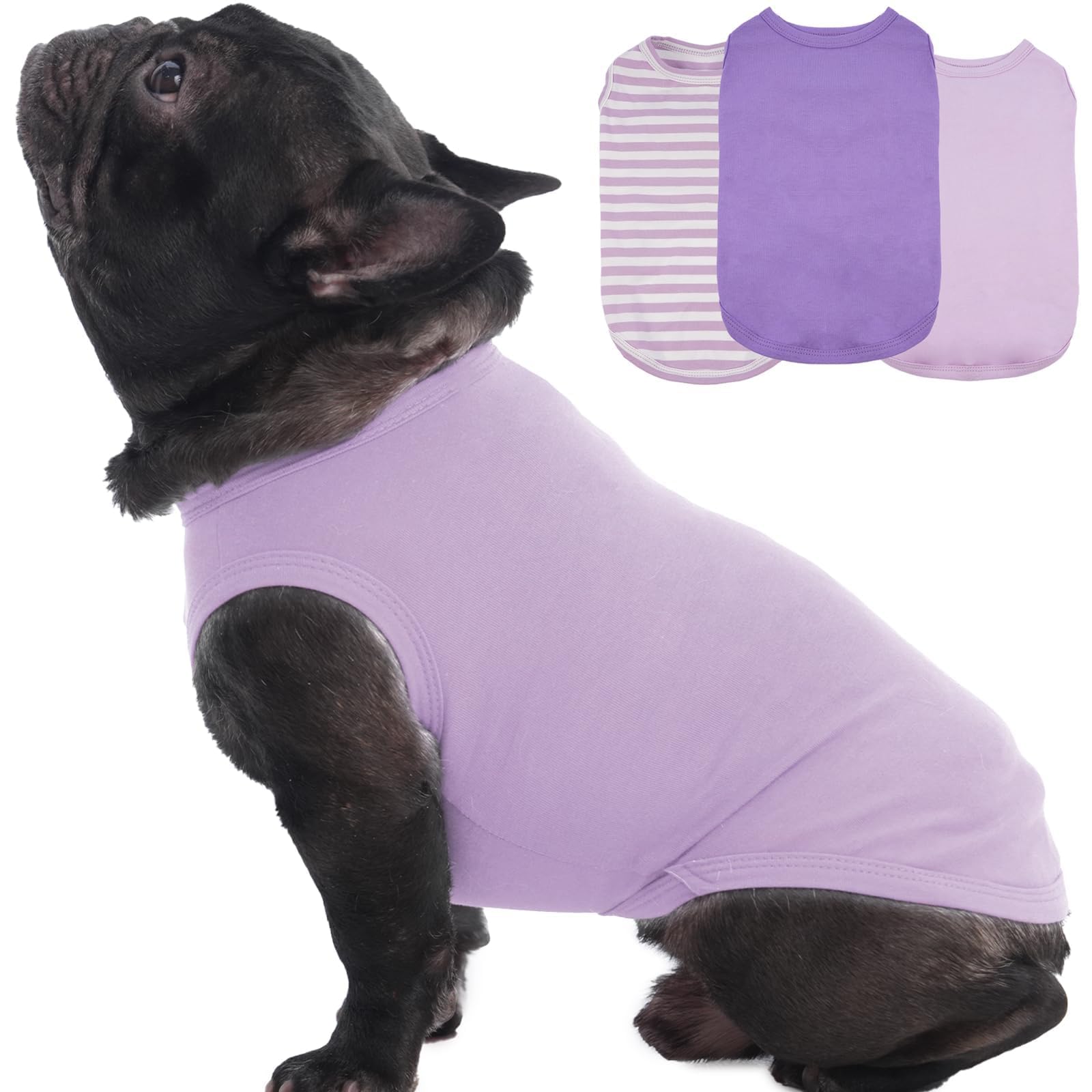 3 Pack L-Striped Purple Dog Tshirt,French Bulldog Large Sleeveless Tee To Prevent Overheating,Seaside,Backyard,Lightweight Cozy 