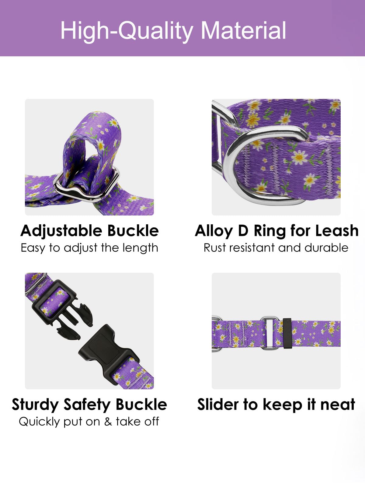 Joocpup Martingale Dog Collar With Tag Ring - Adjustable Soft Nylon No-Slip Design For Small, Medium & Large Dogs, Purple Flower