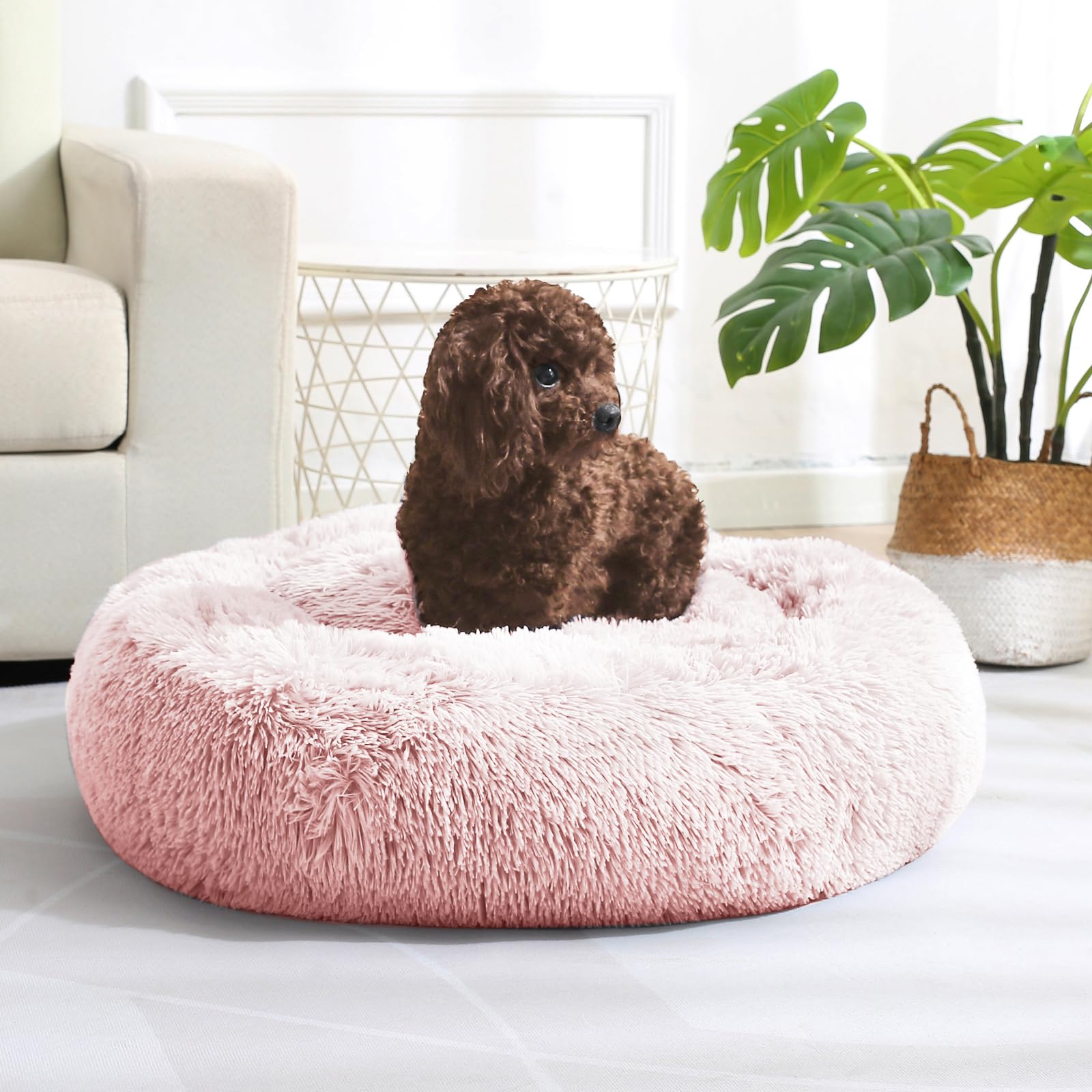 Jollyvogue Calming Donut Dog Bed & Cat Bed, Anti-Anxiety Washable Dog Round Bed, Fluffy Faux Fur Plush Dog Cuddler Bed, Warming 