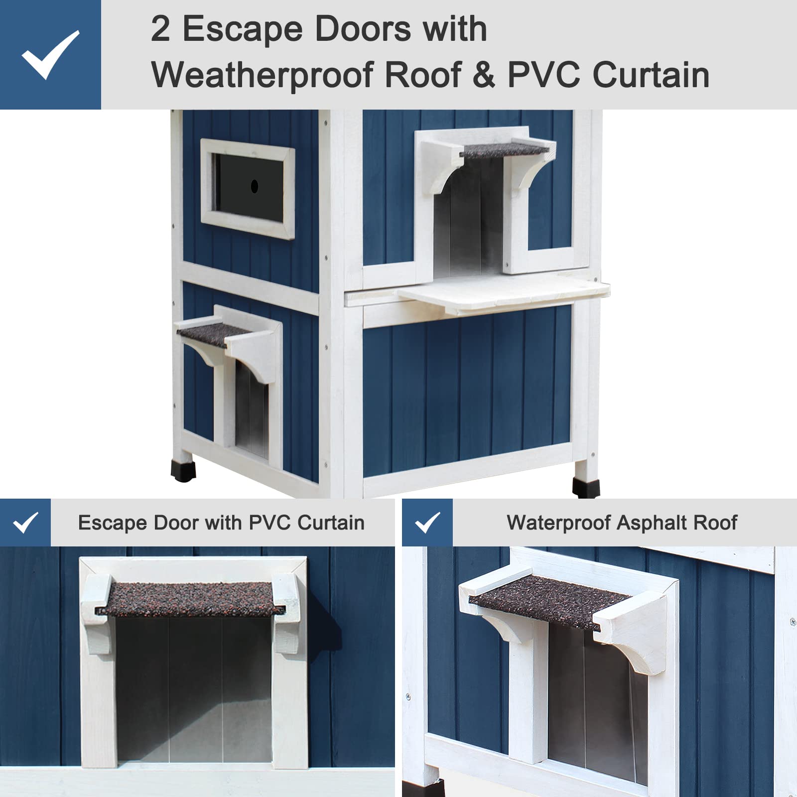 Hicaptain Weatherproof Cat House For Outdoor, 2 Story Feral Cat House With Balcony And Escape Door, Outside Wooden Pet Shelter F