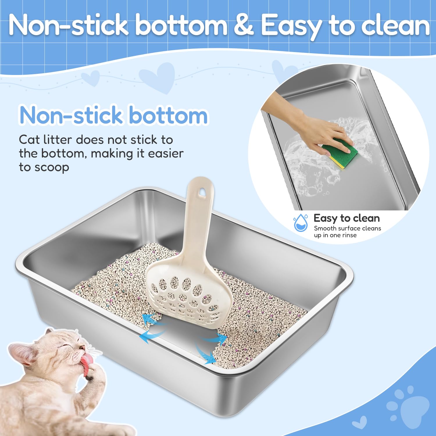 Lihong Stainless Steel Cat Litter Box,Large Metal Litter Box For Small Large Cats Kitty Rabbits,No Smell,Non Stick,Easy To Clean(20' Lx14 Wx4 H,L)