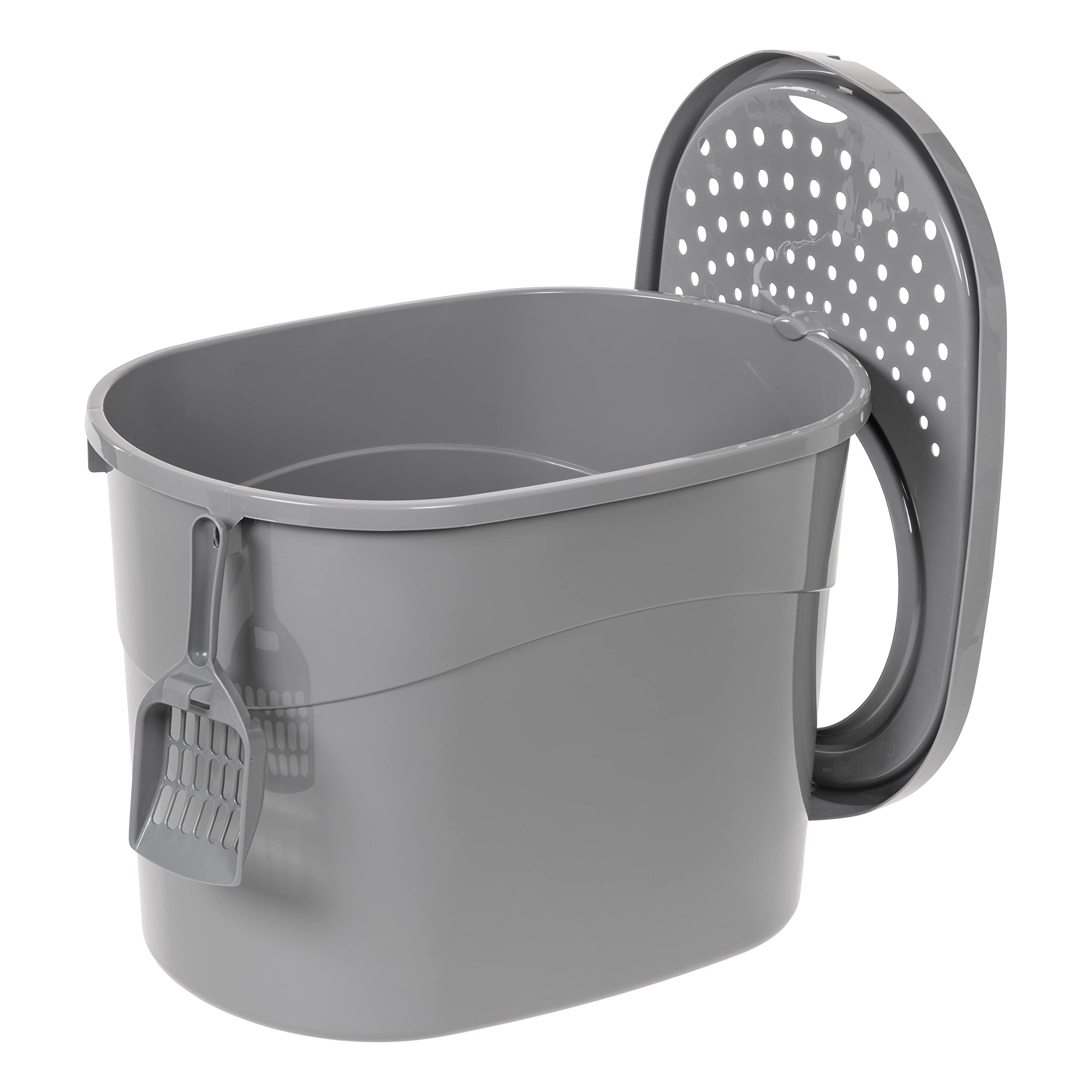 Amazon Basics Large Cat Litter Box With High Sides, Top Entry, Includes Scoop, 20.5 X 14.75 X 14.38 Inches, Grey