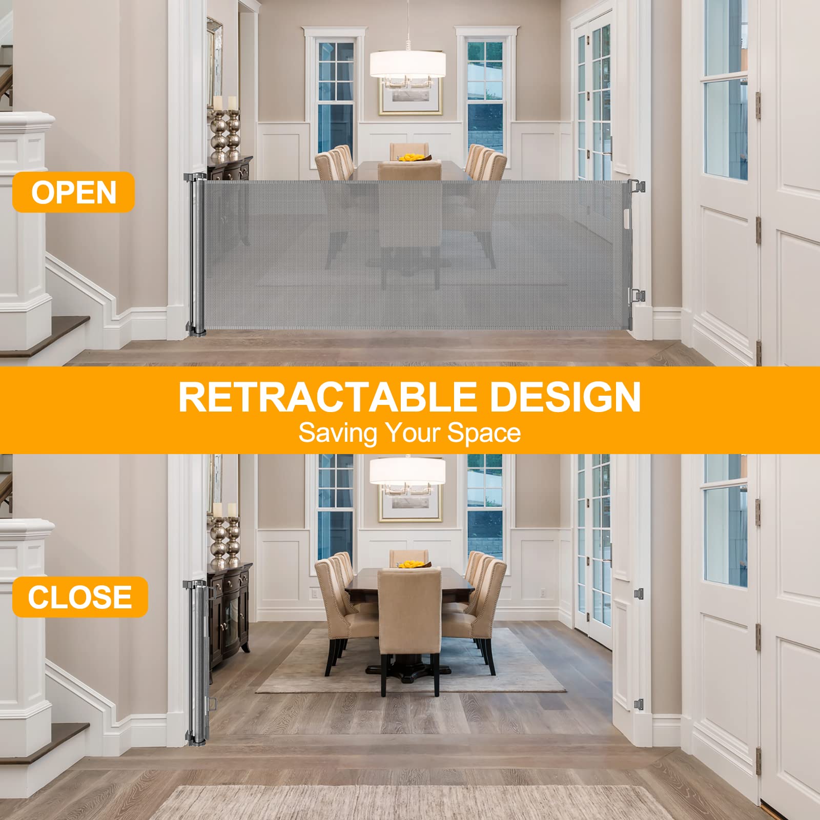 Womhom 100 Inch Extra Wide Baby Gate For Large Opening Outdoor Retractable Baby Gates For Doorways Extra Long Retractable Dog Gate Extra Large Pet Gates For Dogs Indoor Mesh Baby Gate (Grey)