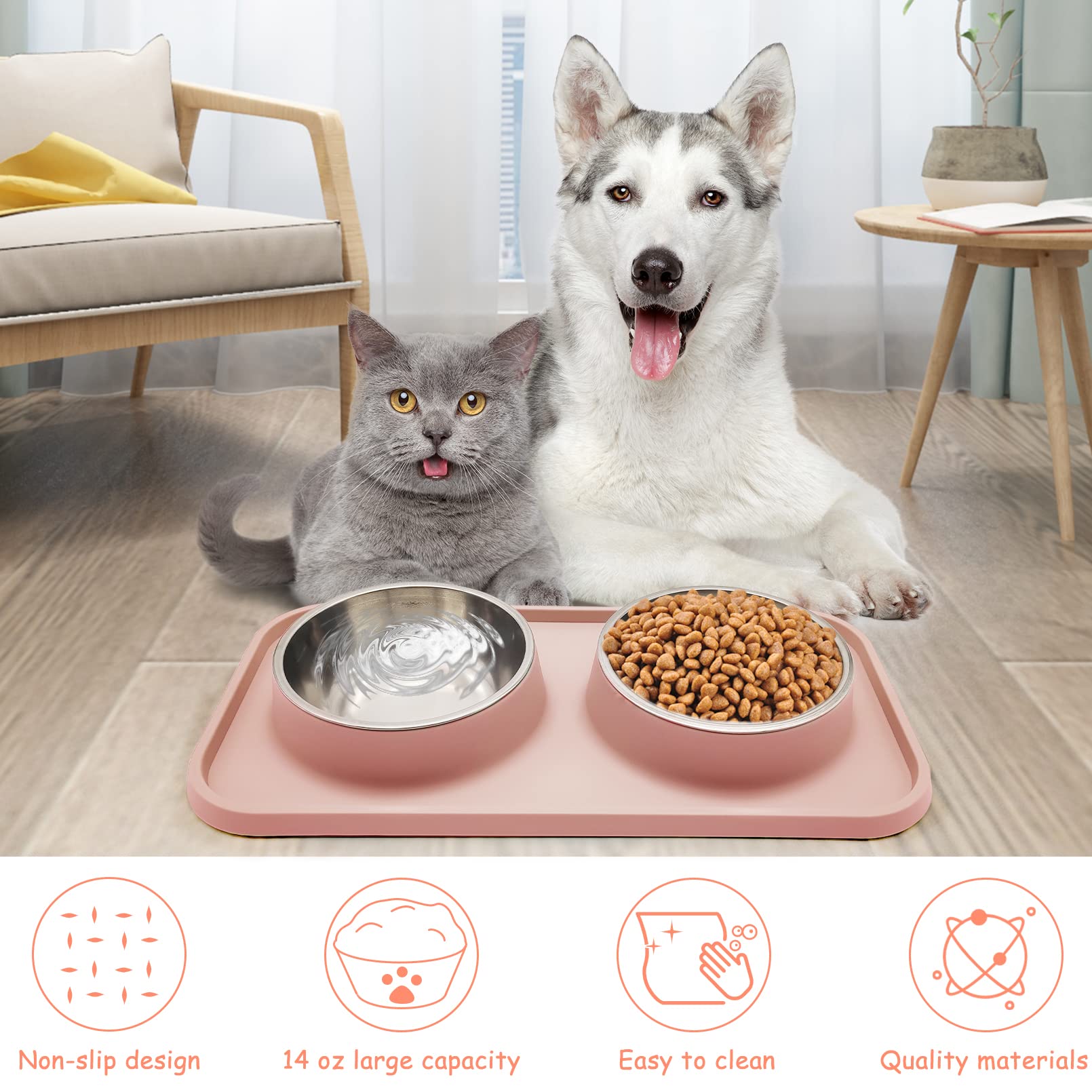BNOSDM Double Dog Food Bowls Stainless Steel Dog Food and Water Bowls with Non-Spill Plastic Mat Pet Cat Feeder Bowl Set for Pup