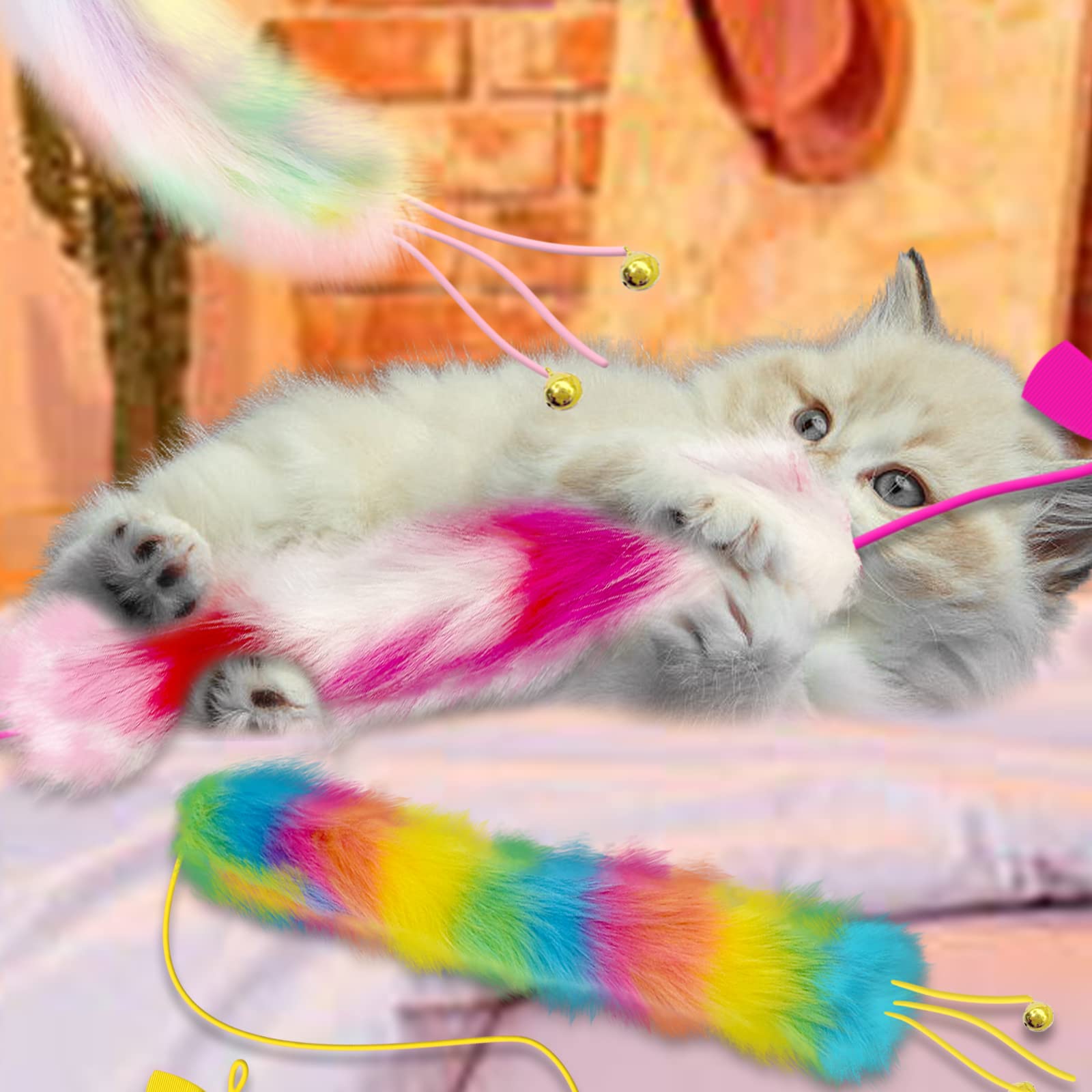 Lepawit 3 Pack Cat Wand Toy, Rainbow Cat Feather Toys With Bells, Cat Teaser Wand With Soft Furry Tail, Interactive Cat Toys For