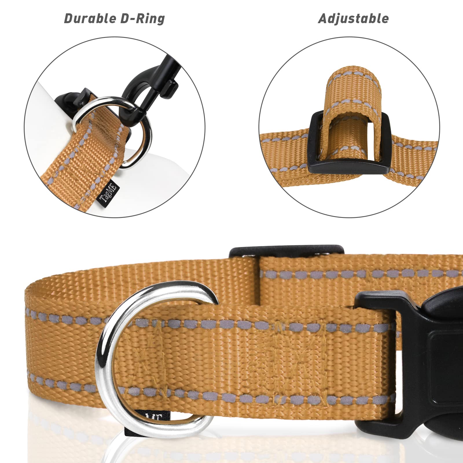 Tagme Reflective Nylon Dog Collars, Adjustable Classic Dog Collar With Quick Release Buckle For Extra Large Dogs, Khaki, 1¼' Width