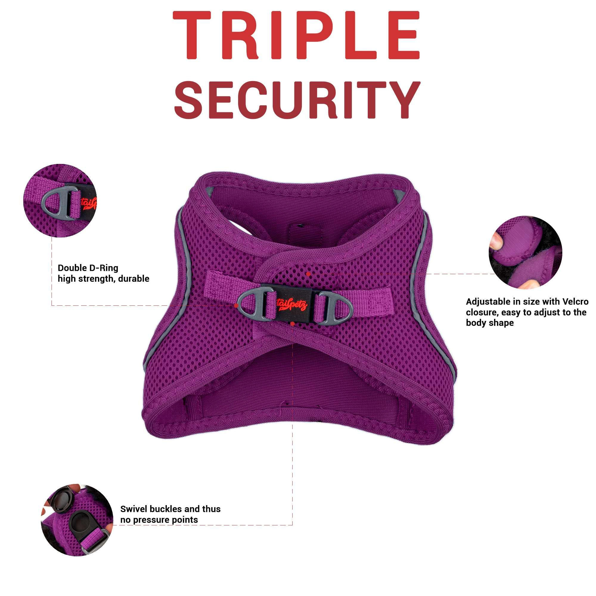 Tailpetz Dog Harness with Breathable Mesh, Reflective, Step-in, No Pull Dog Vest Harness for Small and Medium Dogs and Cats, Pur