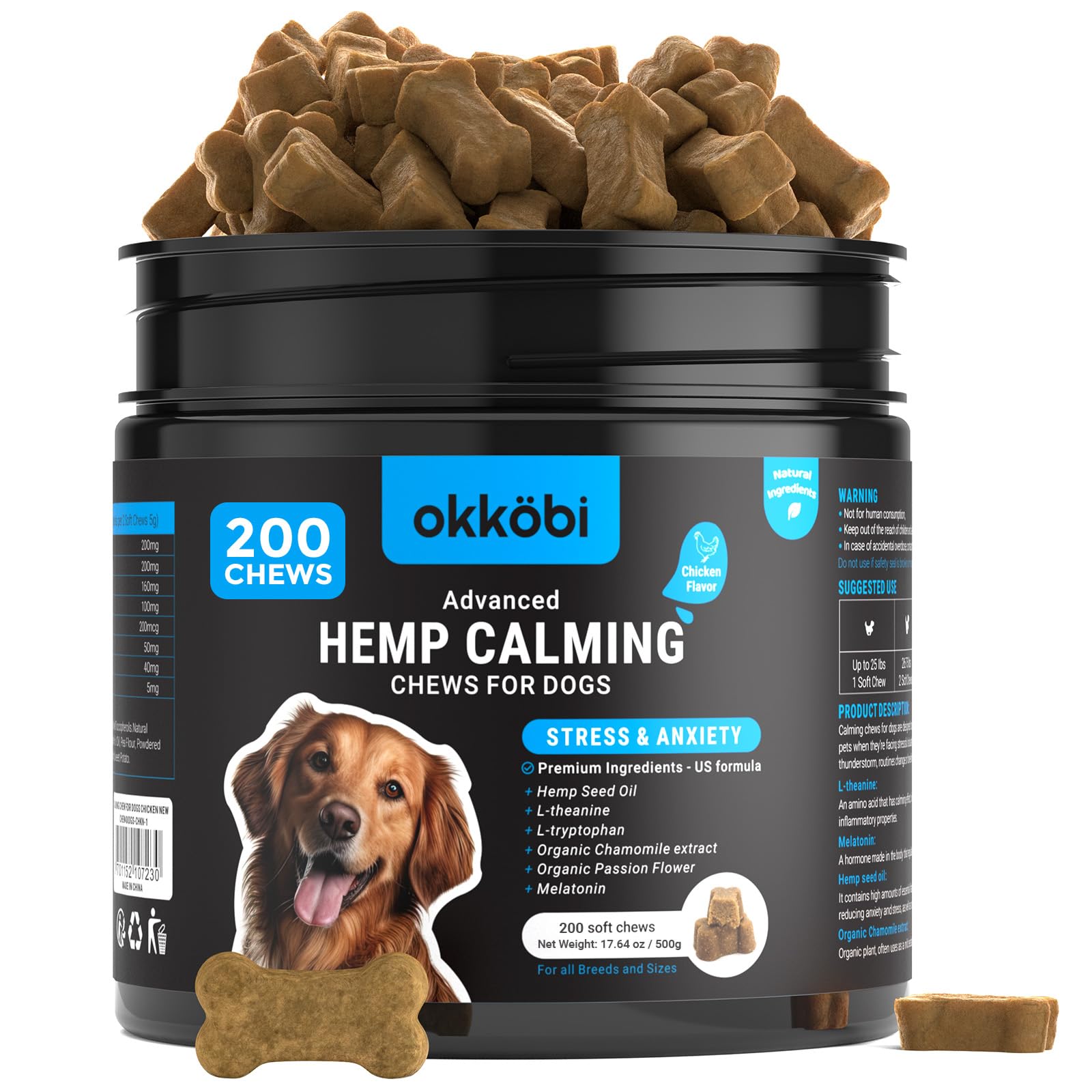 Hemp Calming Chews for Dogs Anxiety 200 pcs - Chicken Flavored - Dog Anxiety Relief - Dog Calming Chews - Melatonin for Dogs - f