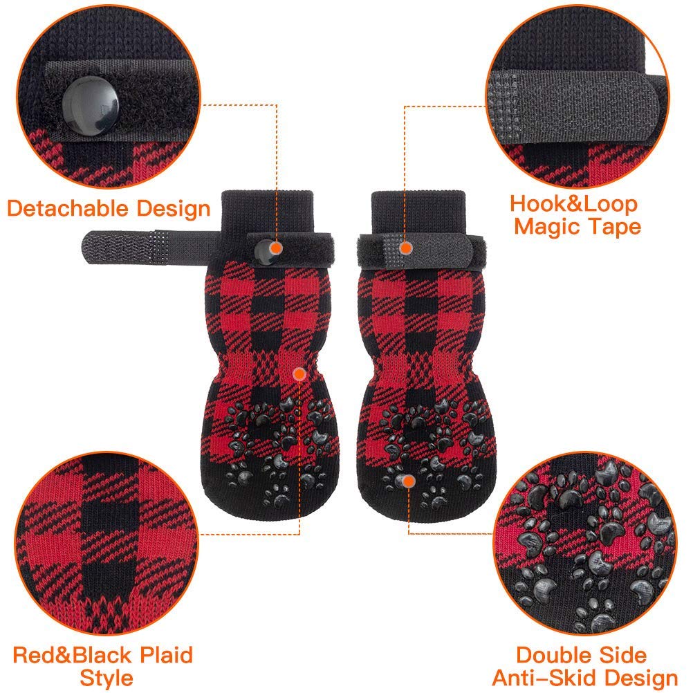 Scenereal Dog Socks Double Side Anti-Slip With Straps Traction Control 3 Pairs Set - Plaid Paw Protector For Floor Indoor, Non-Skid Design For Small Medium Dogs Cats Puppy