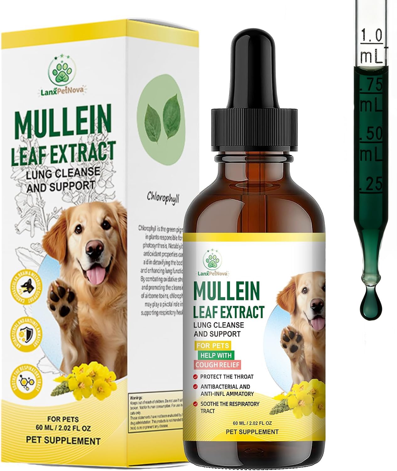 Mullein Cough Relief Drops for Dogs & Cats, Relieves Kennel & Dry & Wet Cough, Lung Cleanse, Soothes Sore Throat, Eases Breathin