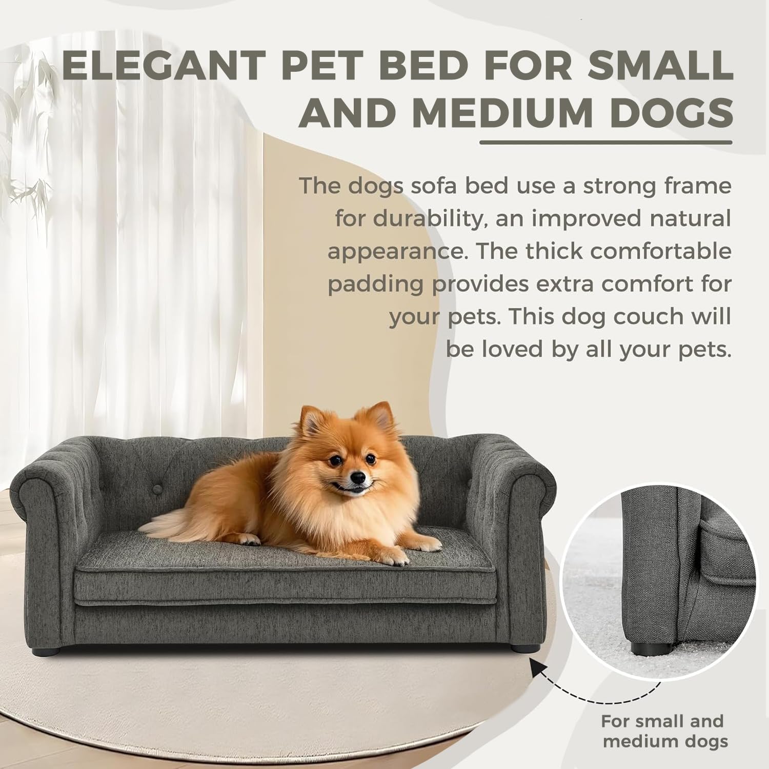 Dog Couch for Medium Dogs Up to 50 lbs, 29 W Memory Foam Dog Sofa Couch with Dry Cleanable Fabric, Elevated Dog Couch Bed with L