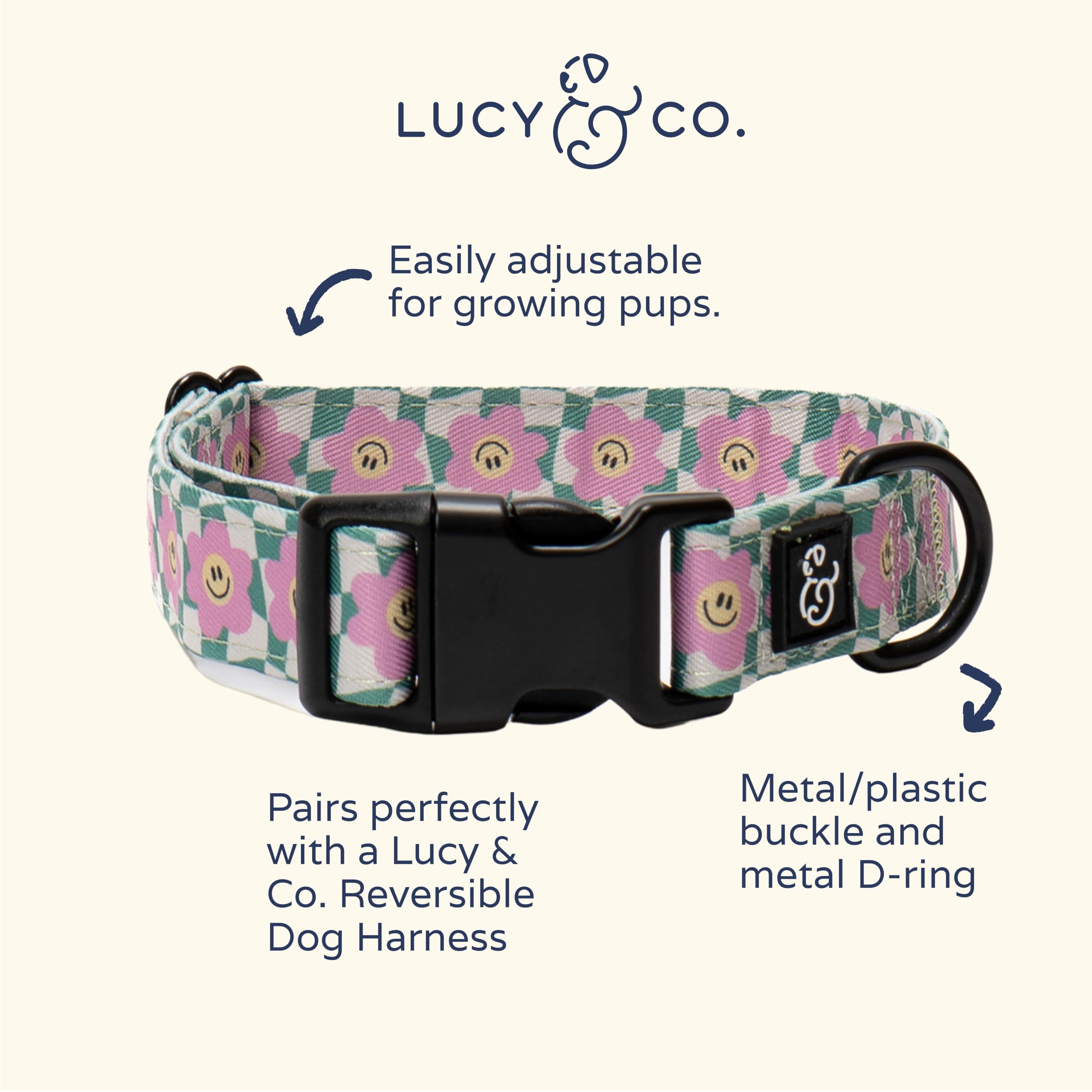 Lucy & Co. Dog Collar - Durable Lightweight Designer Collar For Pets - Adjustable Metal Safety Buckel. (Just Chill Collar).