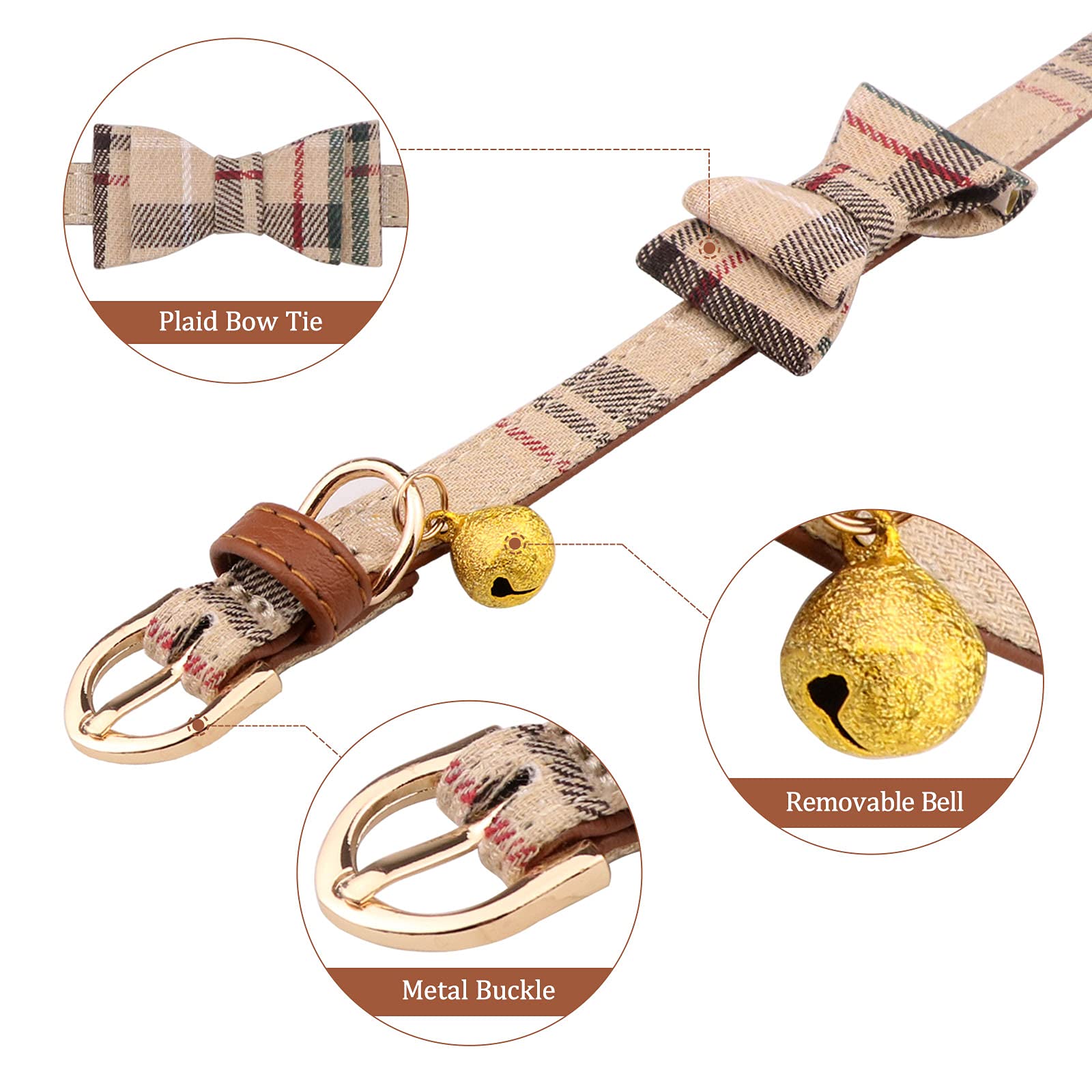 3 Pcs Dog Collars For Small Puppy Collar And Leash Set, Bow Tie With Bell, Bandana Leather For Small Dogs Puppies And Cats(Beige)