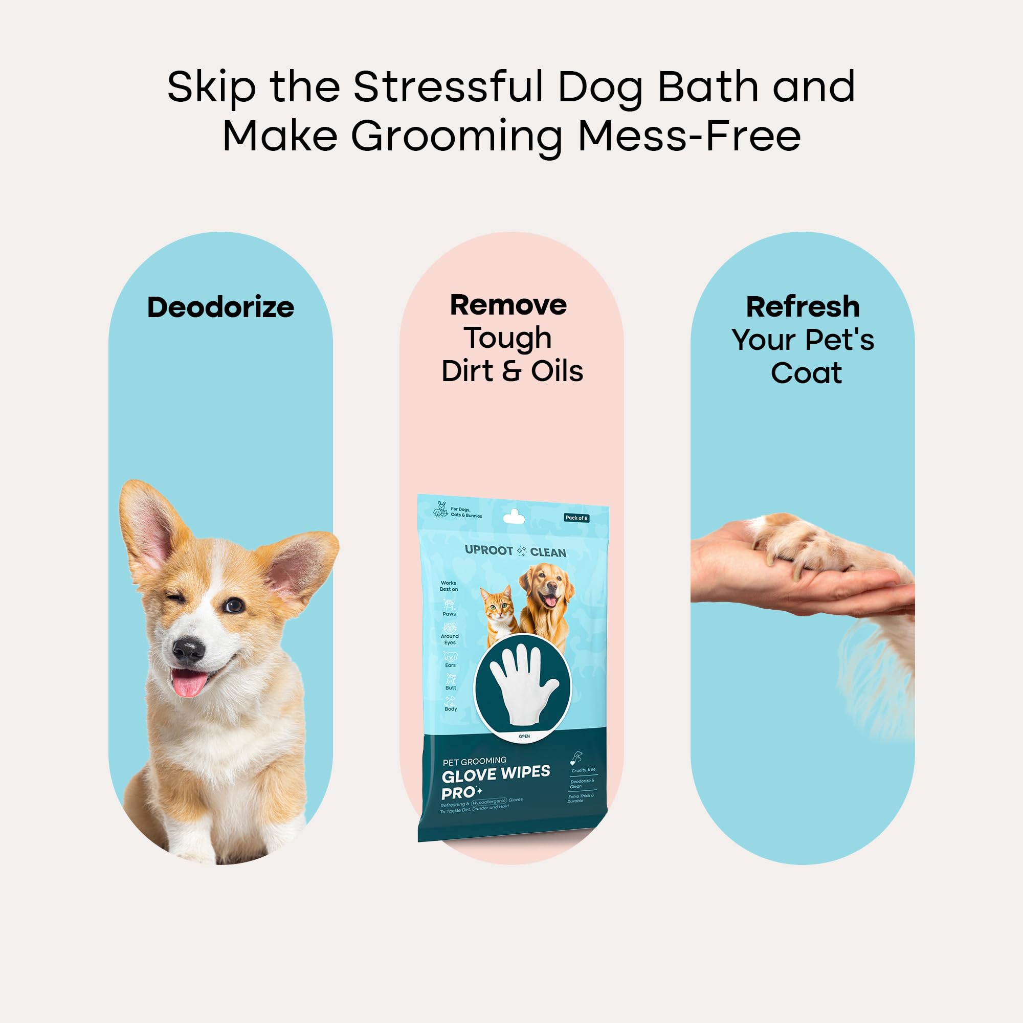 Uproot Clean Dog Cleaning Gloves: 1 Month Supply - Extra-Thick Pet Glove Wipes For Dogs & Cats - Easy Wipe Paws, Eyes, Ears, But
