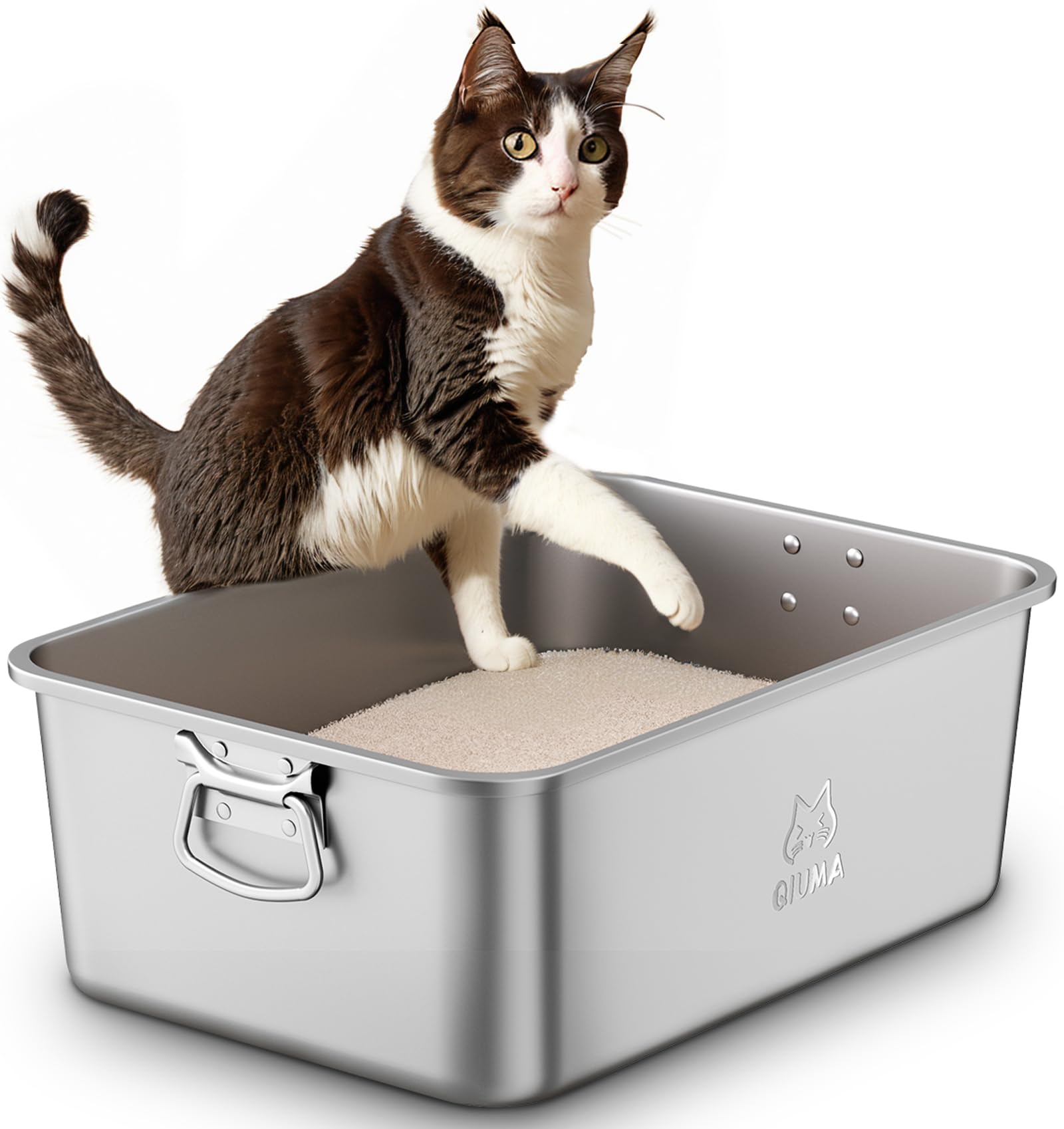 Qiuma Stainless Steel Litter Box With Handle, Large Metal Cat Litter Box With High Sided For Big And Small Cats, Kitty Litter Bo