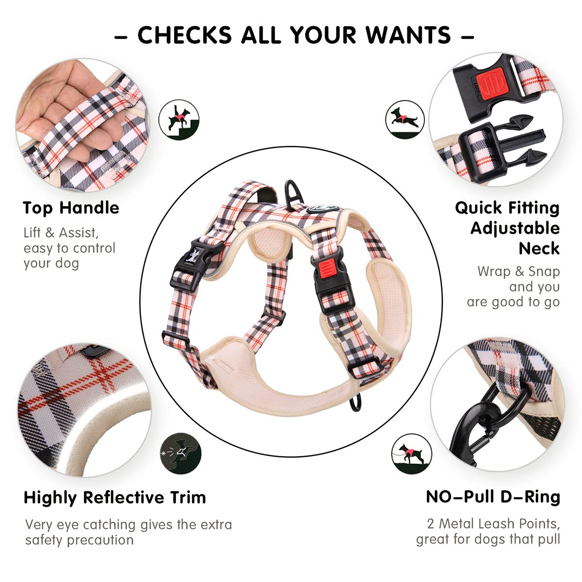 Poypet No Pull Dog Harness, [Release On Neck] Reflective Adjustable No Choke Pet Vest With Front & Back 2 Leash Attachments(Chec