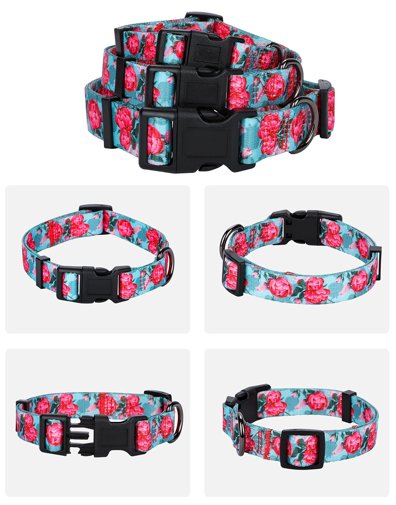 Rhea Rose Girl Dog Collars Summer Floral Rose Print, Female Flower Collar, Turquoise, Large