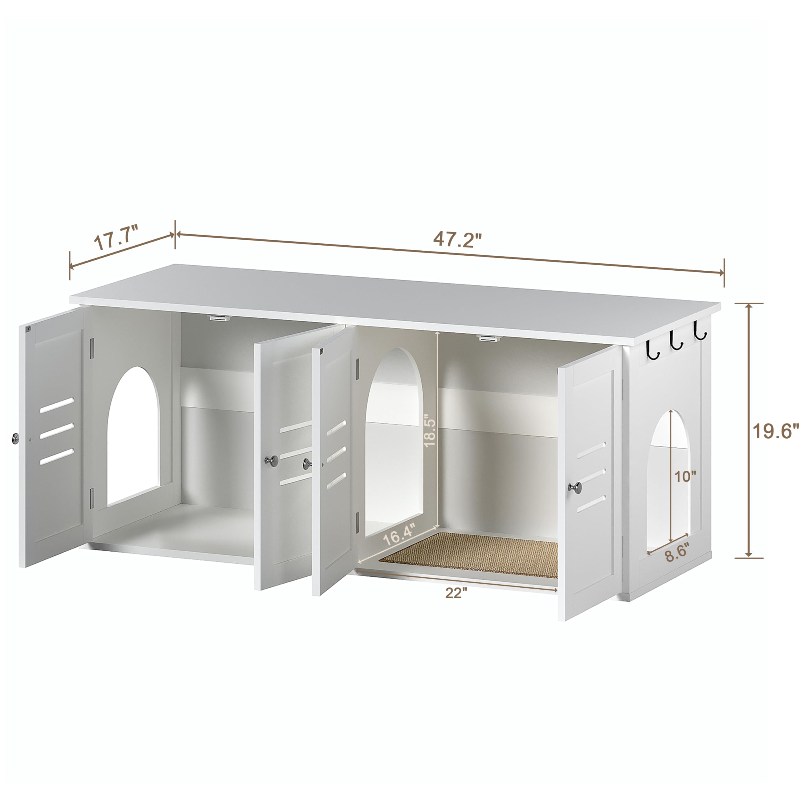 ChooChoo Cats Litter Box Enclosure, Hidden Wooden Litter Box with Double Room, Dog-Proof Cat Archway, White