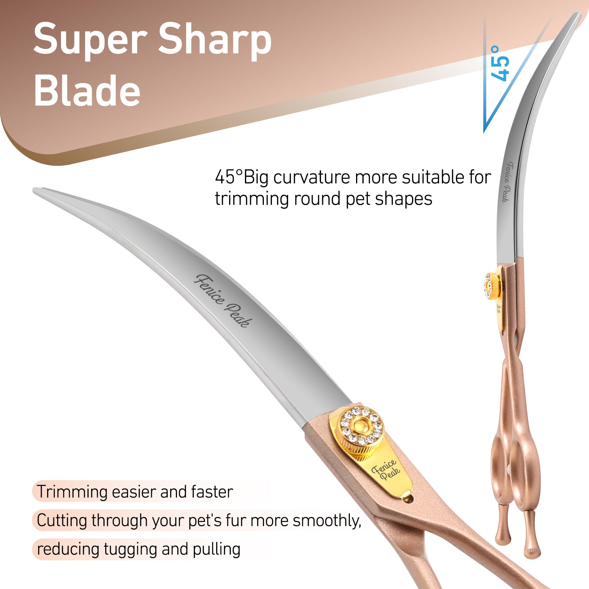 Fenice Peak 45 Extra Curved Dog Grooming Scissors 440C Stainless Steel 7.5 Big Arc Curved Shears Rose Gold Sharp and Durable T