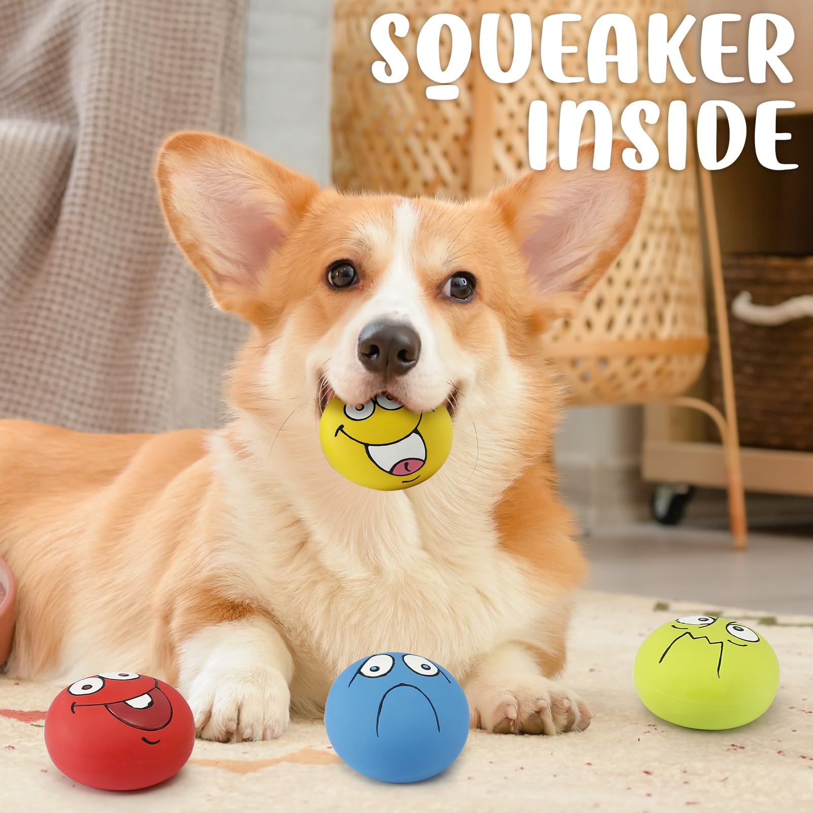 HDSX 4 Pack 2.8'' Smiley Face Squeaky Dog Toys Soft Dog Balls Latex Rubber Squeak Dog Toys for Small Medium Puppy Pet Dogs (Emoj