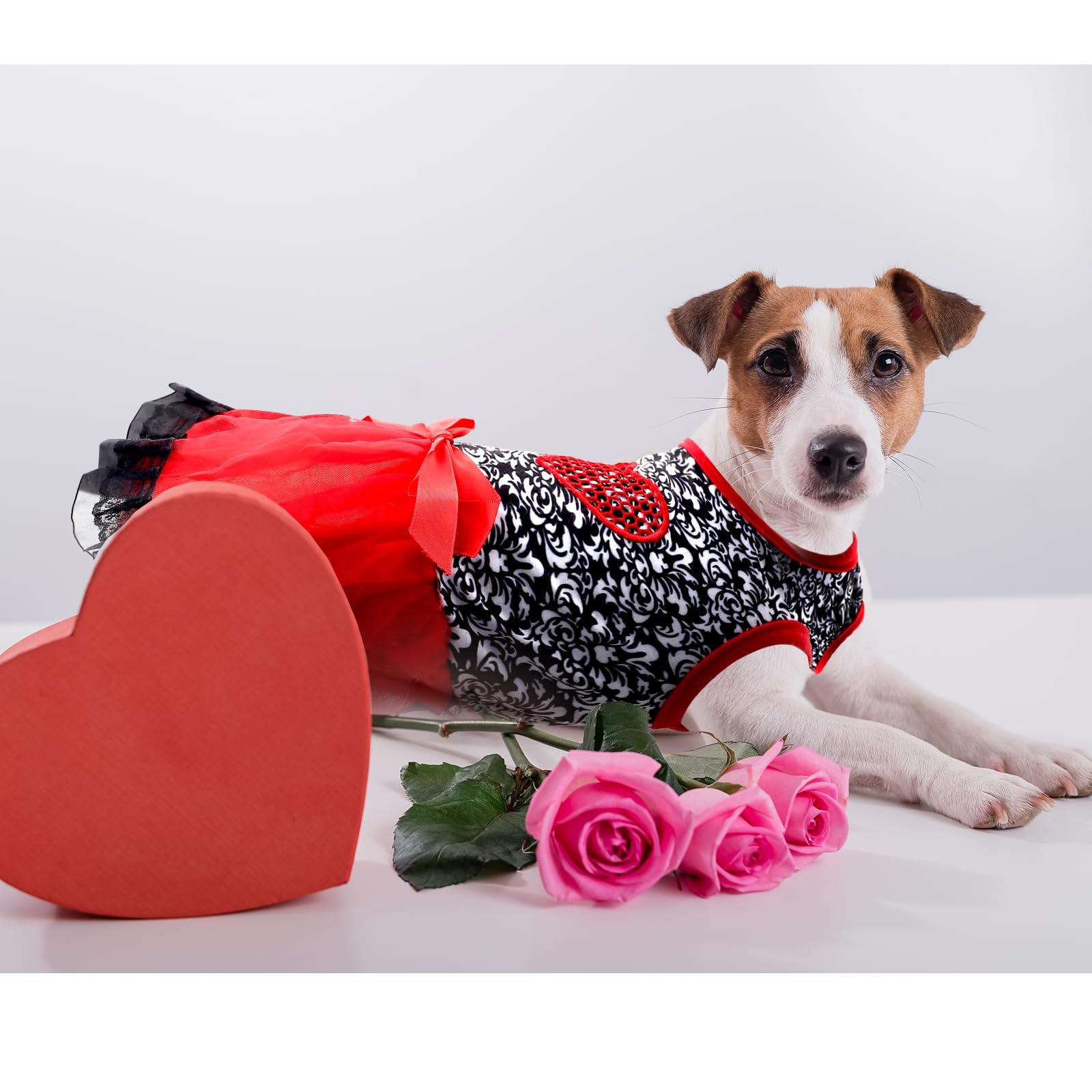 Dog Costume Dress S, Black Floral Top With Red Tulle Skirt And Bow, Glitter Heart Pet Outfit For 6-7 Lbs Dogs And Cats, Holiday