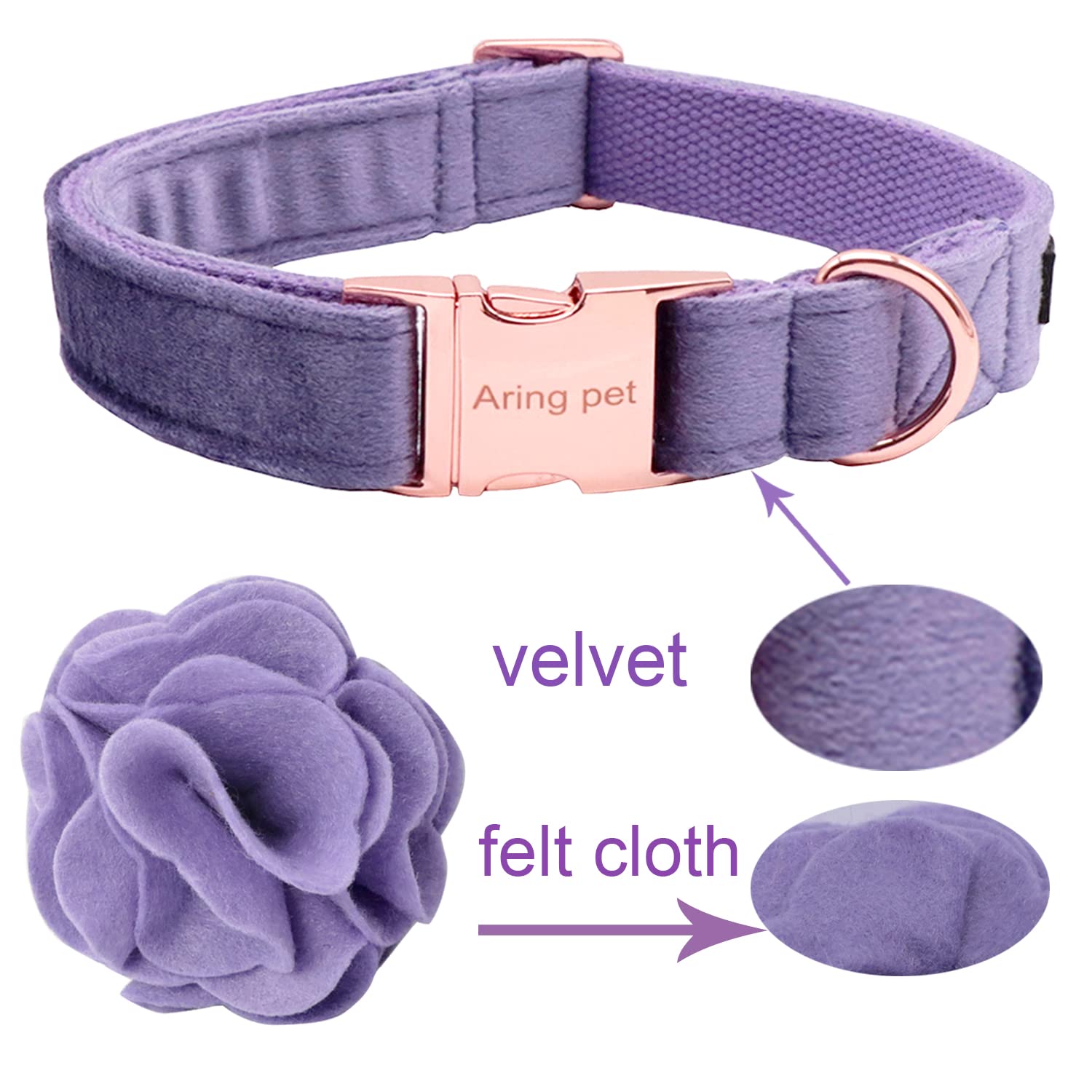 Aring Pet Velvet Dog Collar, Purple Dog Collars With Detachable Felt Flower, Adjustable Soft Comfortable Dogs Collar Flower With