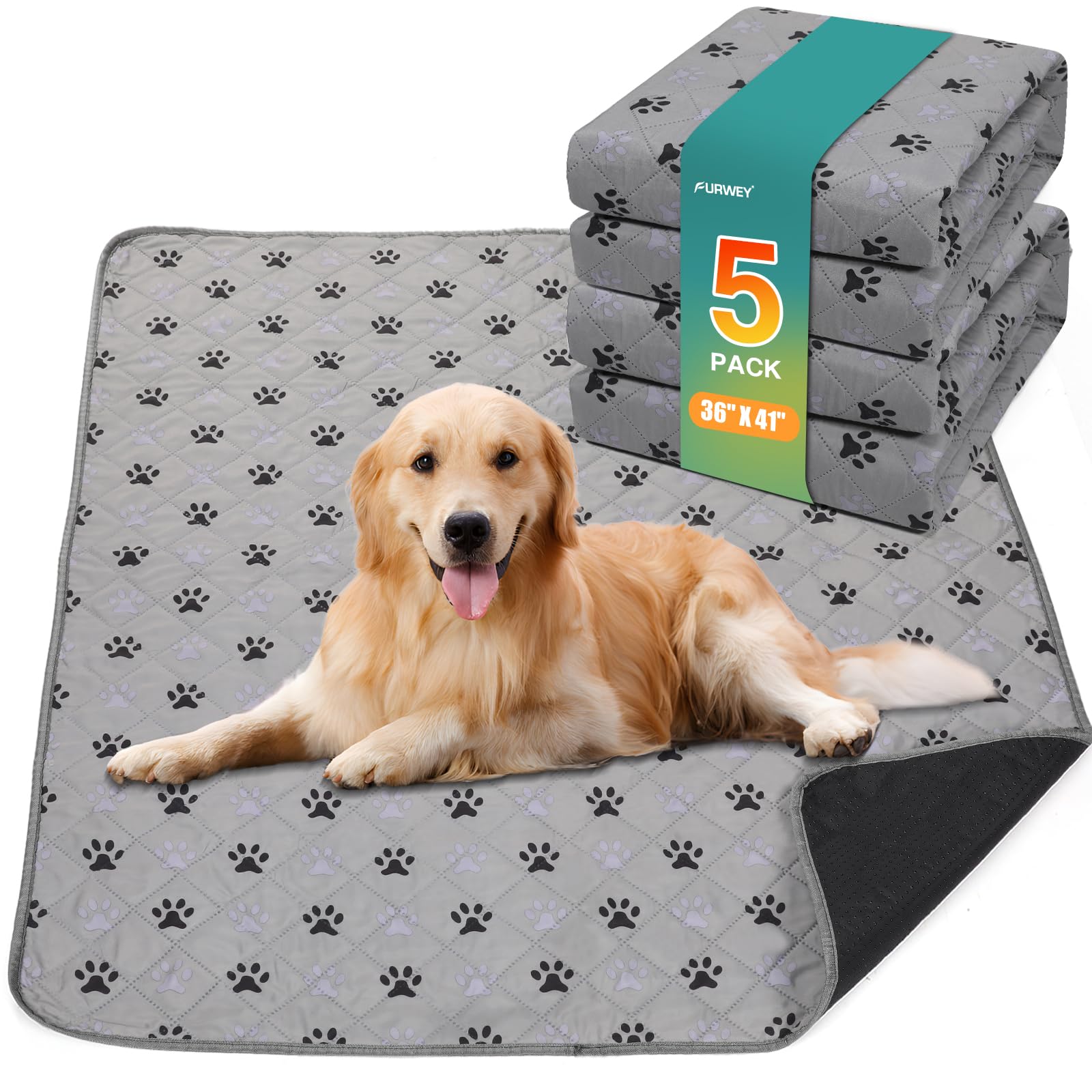 Furwey 5 Pack Large 36''X41''Washable Pee Pads For Dogs Super Absorbent Dog Training Pads Non-Slip Waterproof Pet Training Pads 