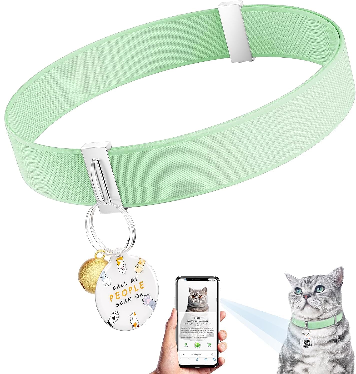Cat Collar With Bell For Girl & Boy Cats - Non Breakaway Stretch Elastic Quick Release, Lightweight Kitten Collar, Adjustable & 